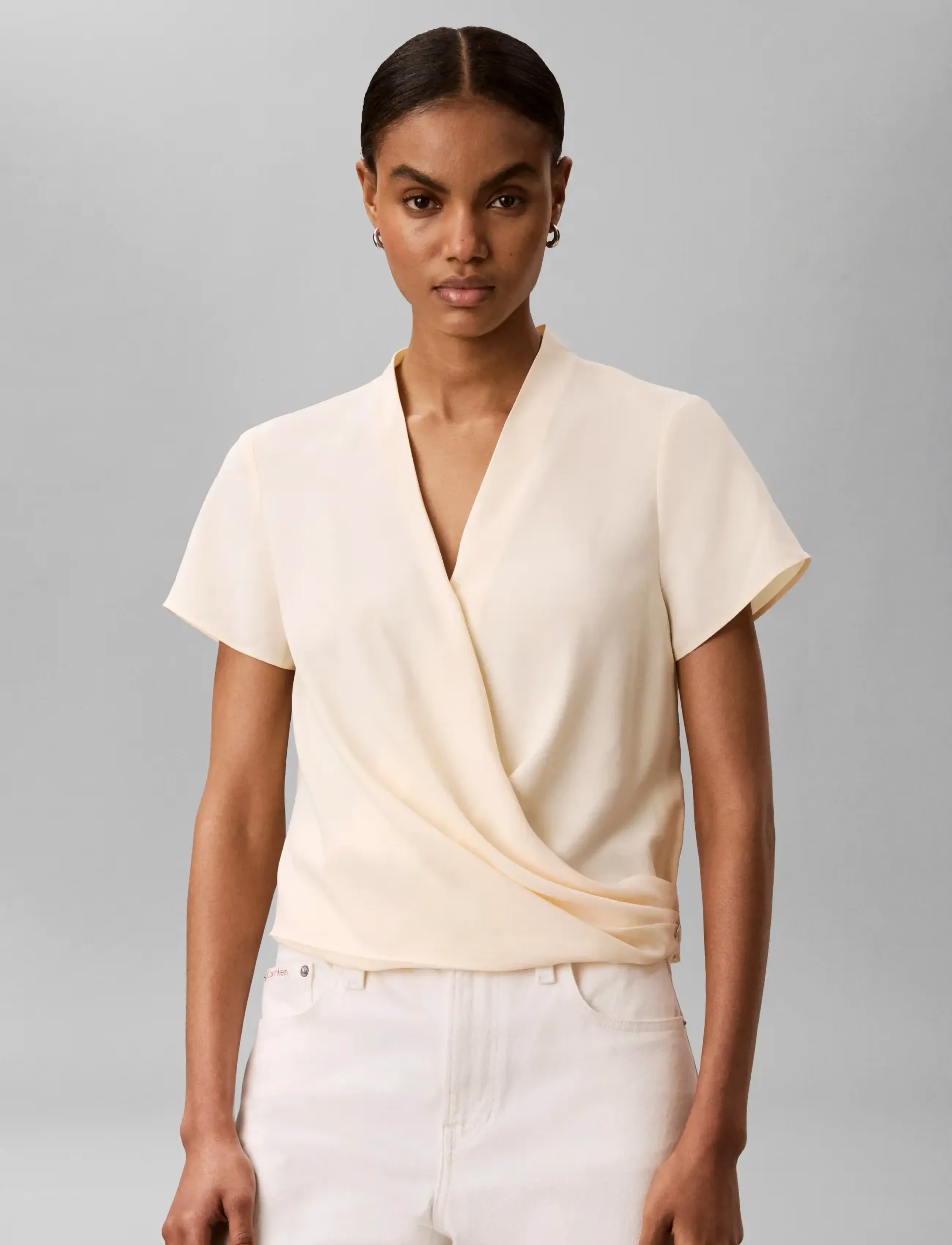 Calvin Klein Crepe Ss Draped Wrap Top, XXS, Blouses, Creme - Short-sleeved, Frauen