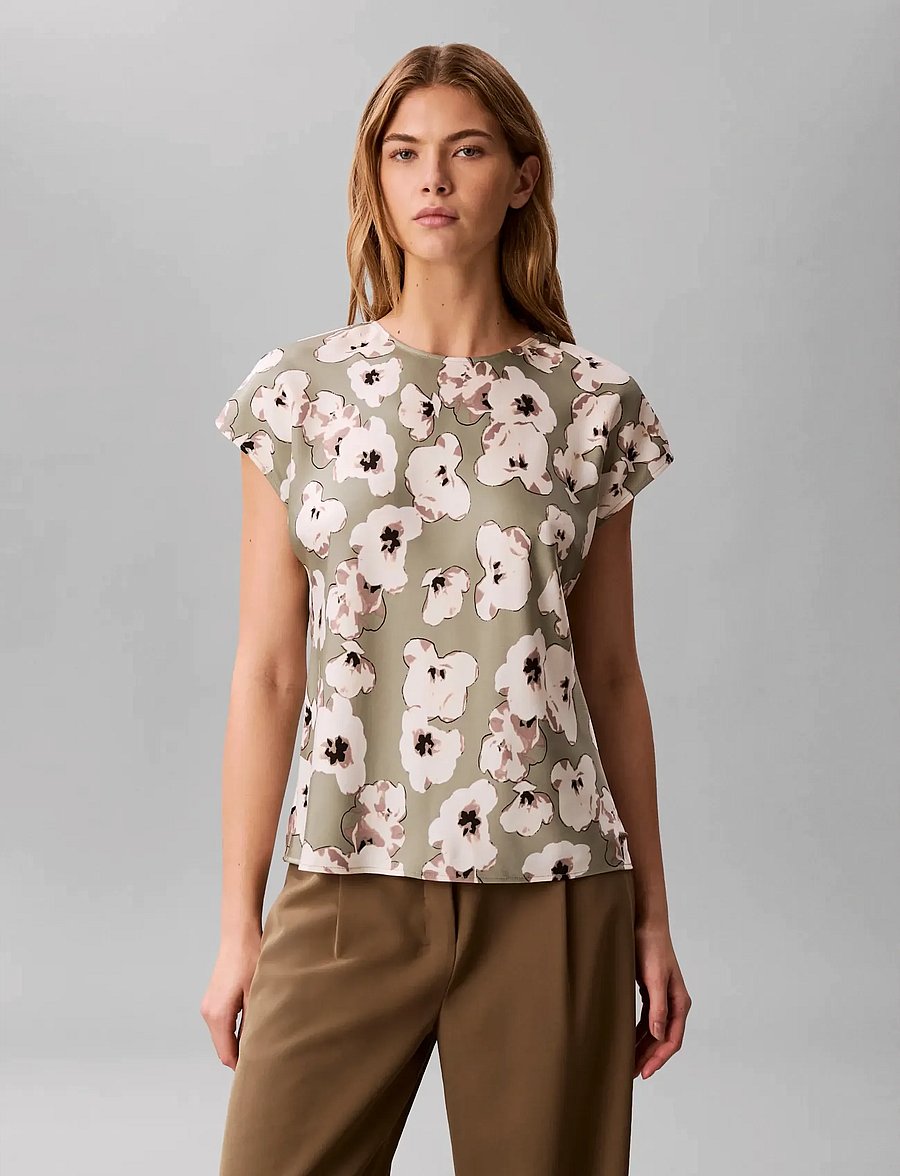 Calvin Klein - PRINTED MATTE SATIN SHEATH TOP - lyhythihaiset puserot - shadow buttercup floral print - 3