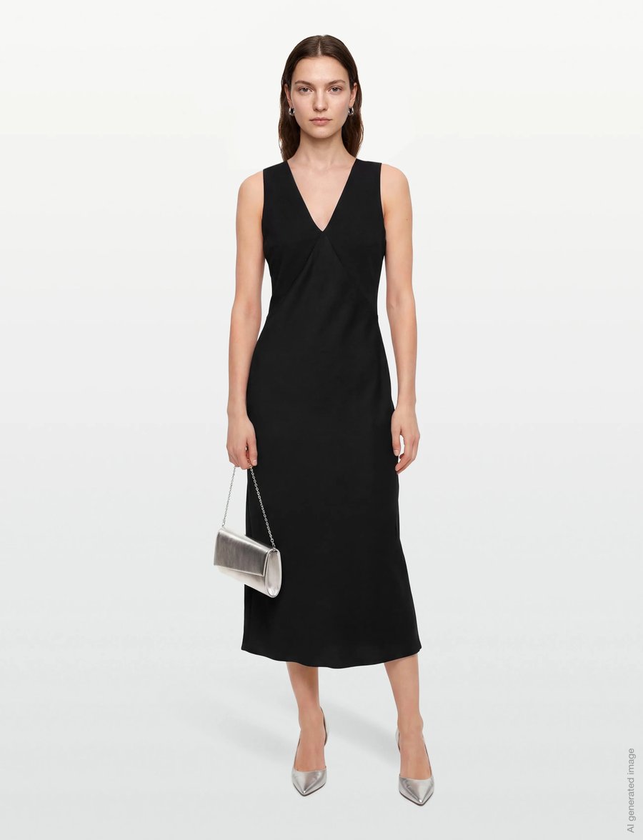 Calvin Klein - CREPE BACK SATIN V NECK MIDI DRE - midi dresses - black - 0
