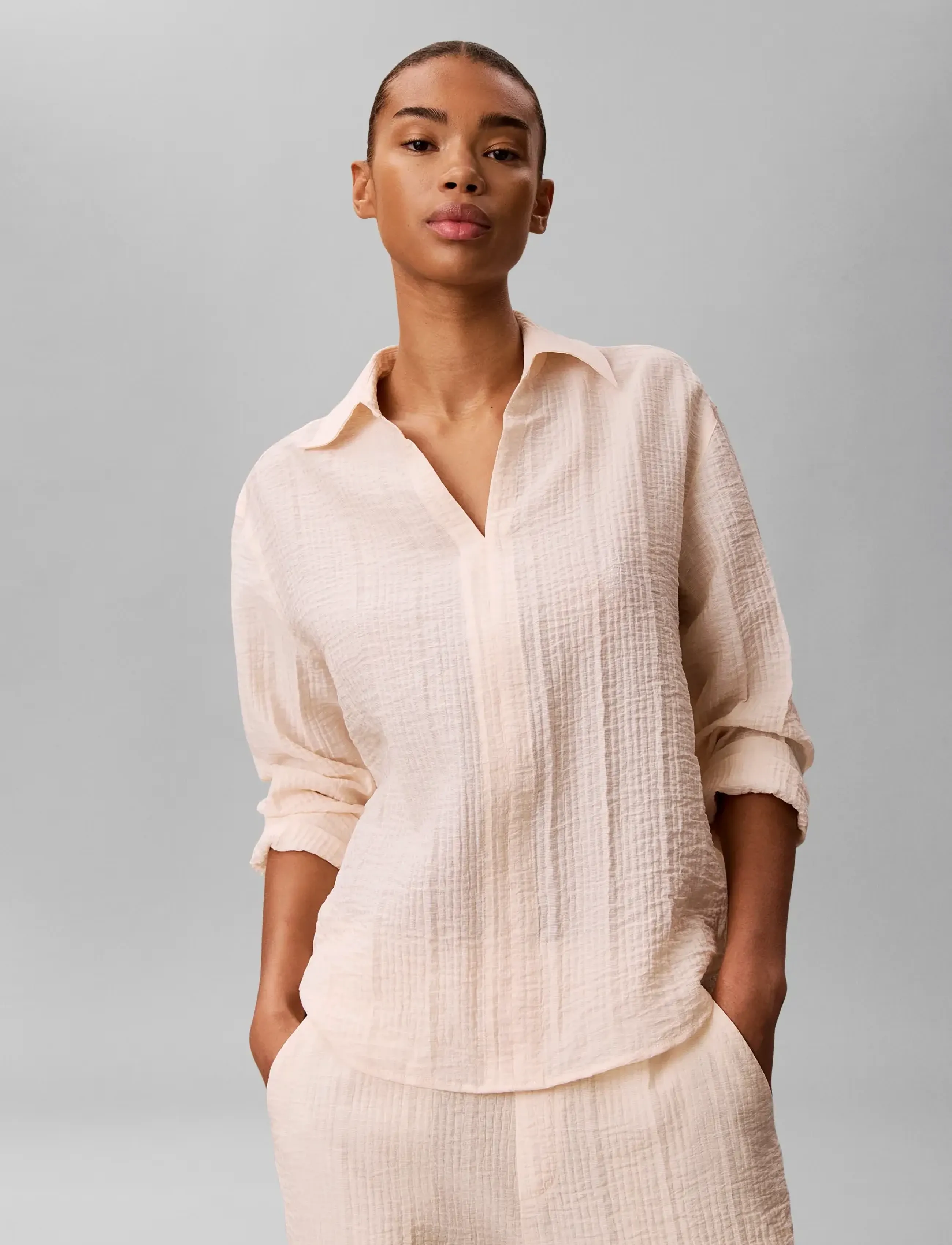 Calvin Klein Viscose Sheer Stripe Ls Shirt, XL, Shirts, Creme - Long-sleeved, Frauen