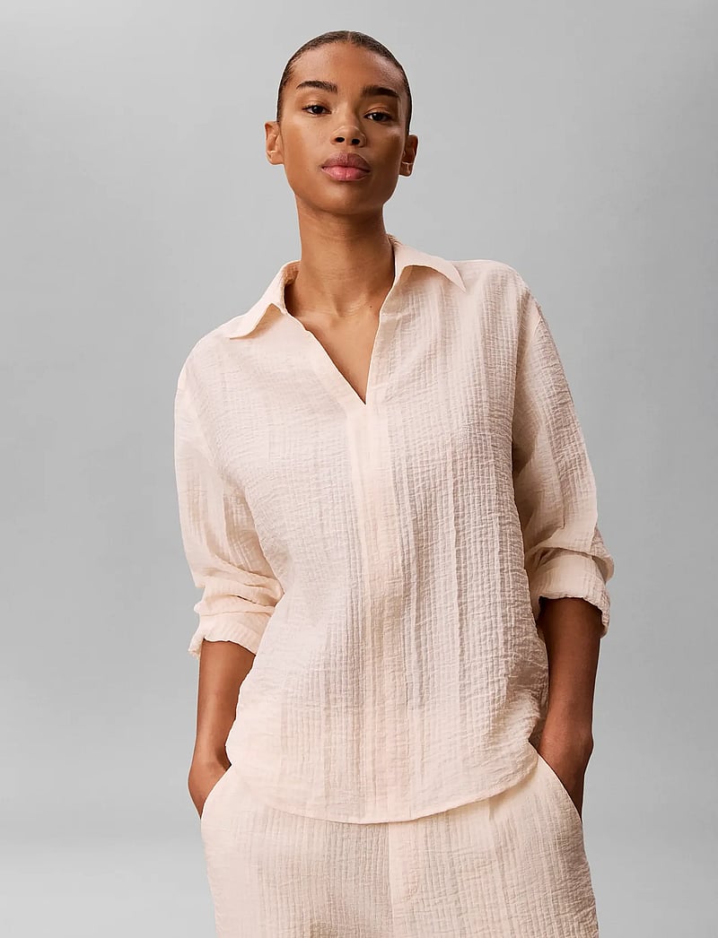 Calvin Klein - VISCOSE SHEER STRIPE LS SHIRT - long-sleeved shirts - mother of pearl - 0