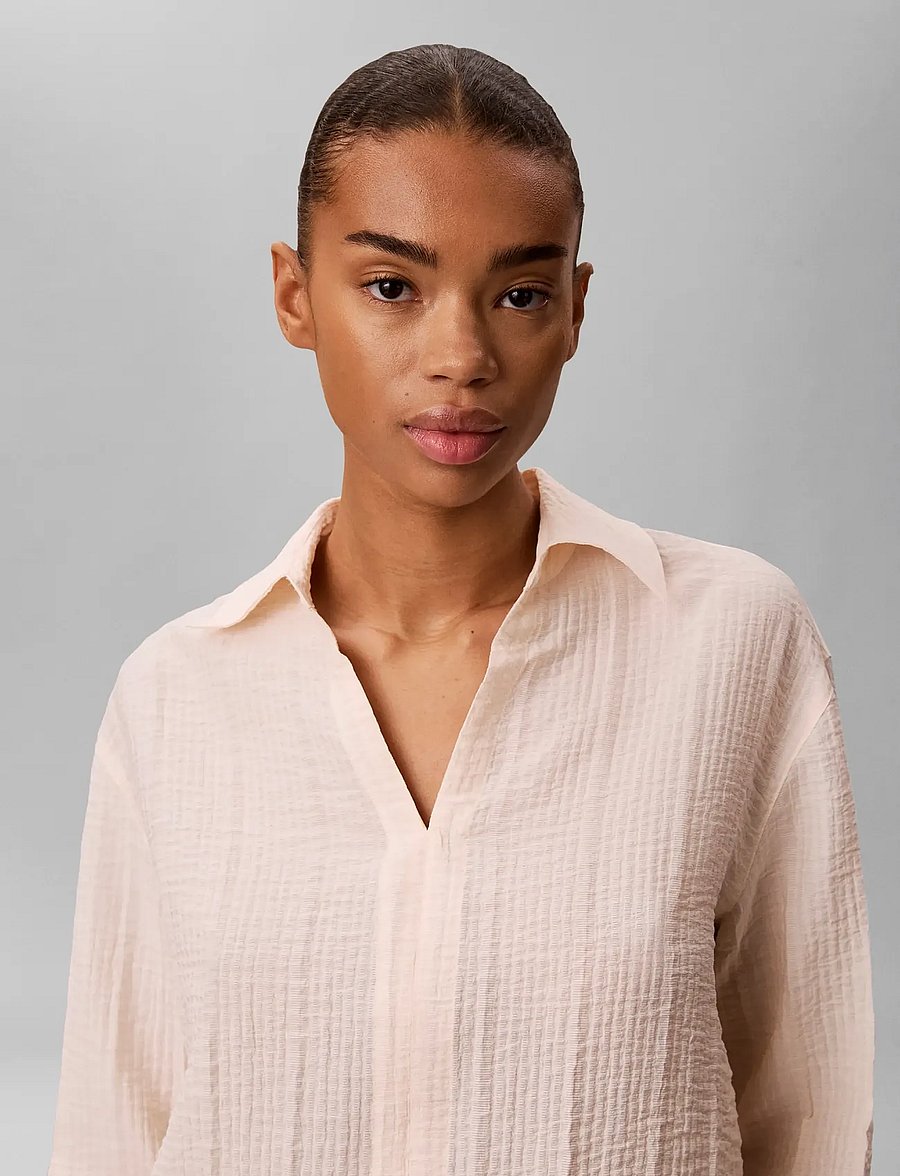 Calvin Klein - VISCOSE SHEER STRIPE LS SHIRT - long-sleeved shirts - mother of pearl - 3