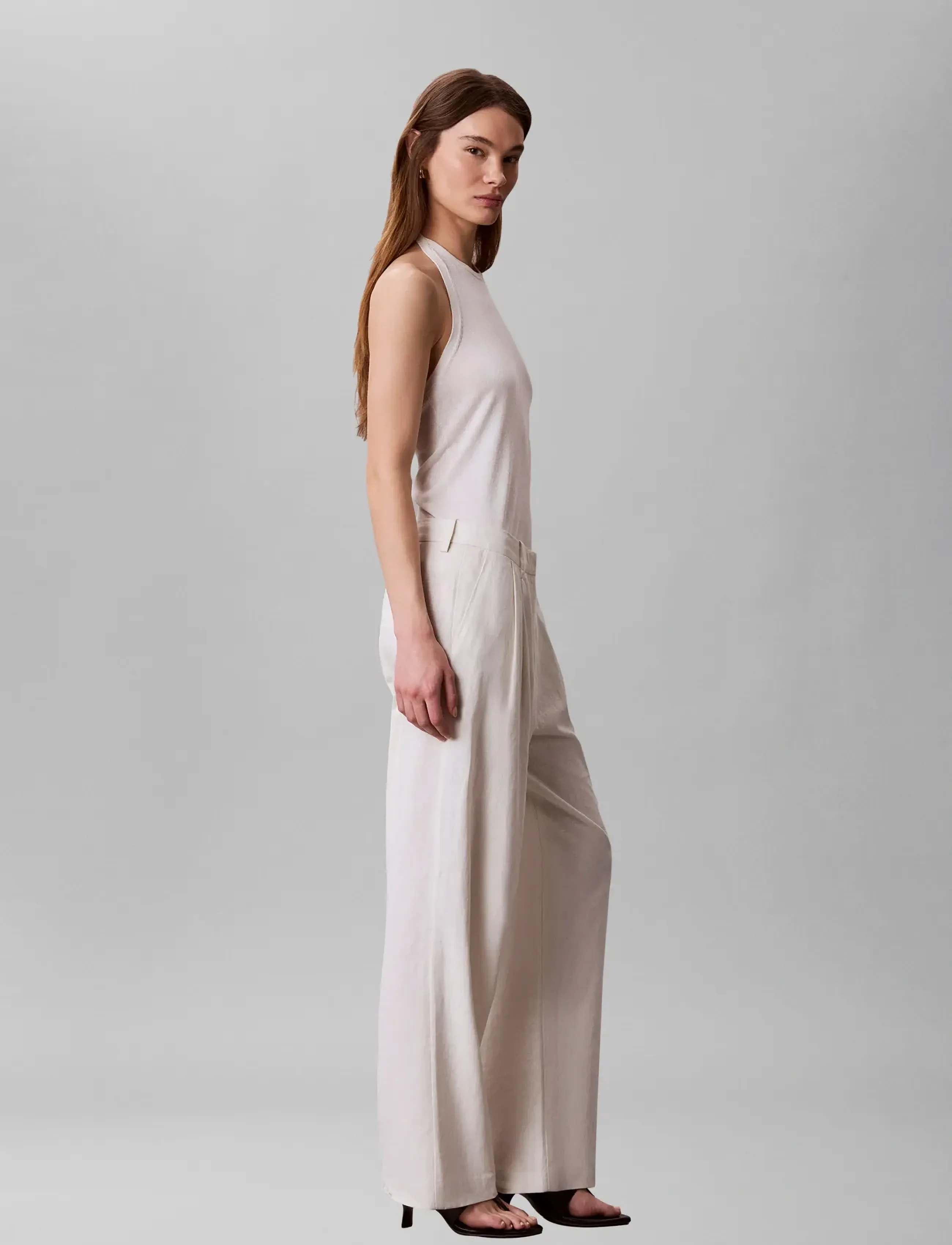 Calvin Klein Linen Blend Wide Leg Pleated Tro, RG/4, Trousers, Creme - Leg, Frauen
