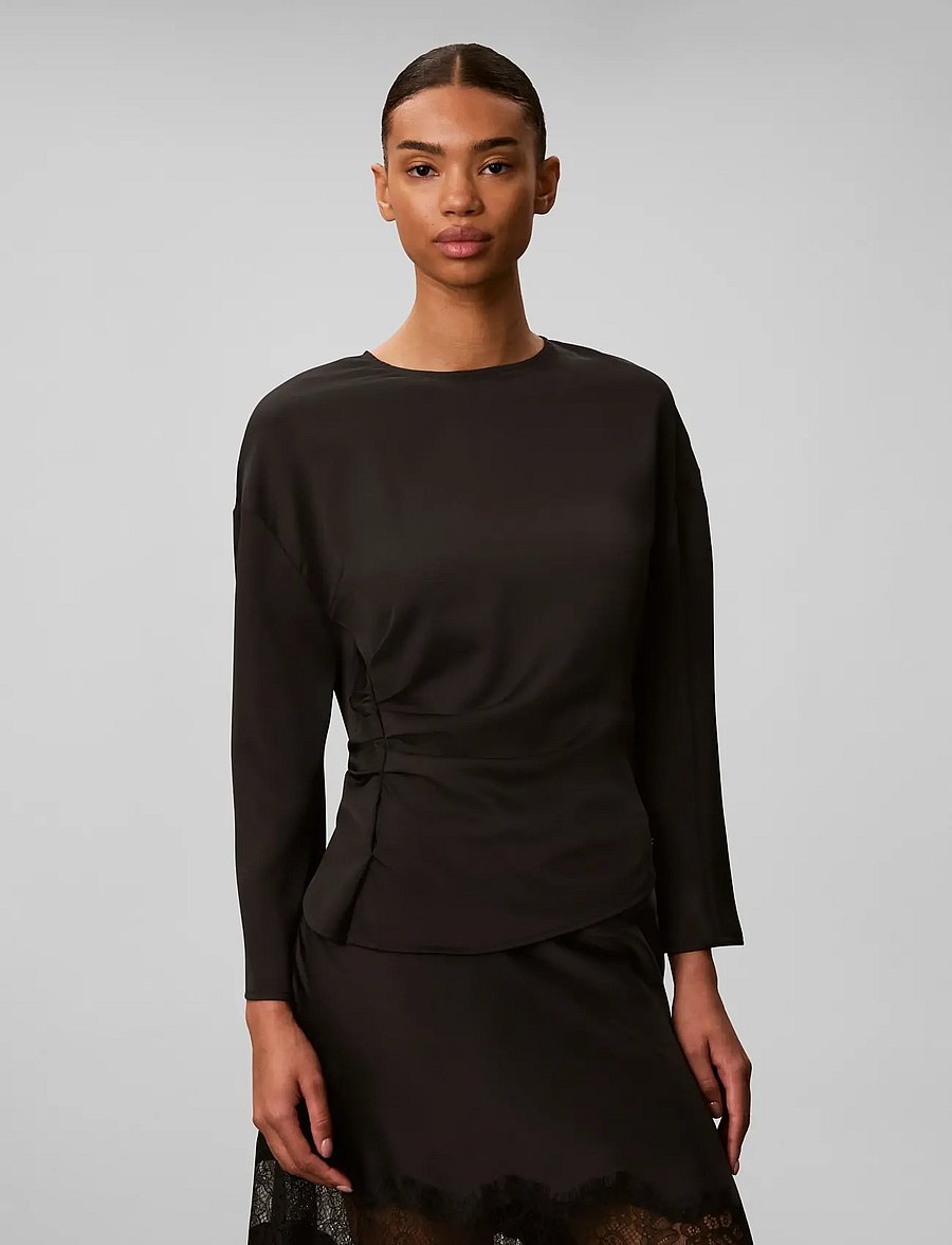 Calvin Klein - MATTE SATIN LS RUCHED TOP - langærmede bluser - black - 3