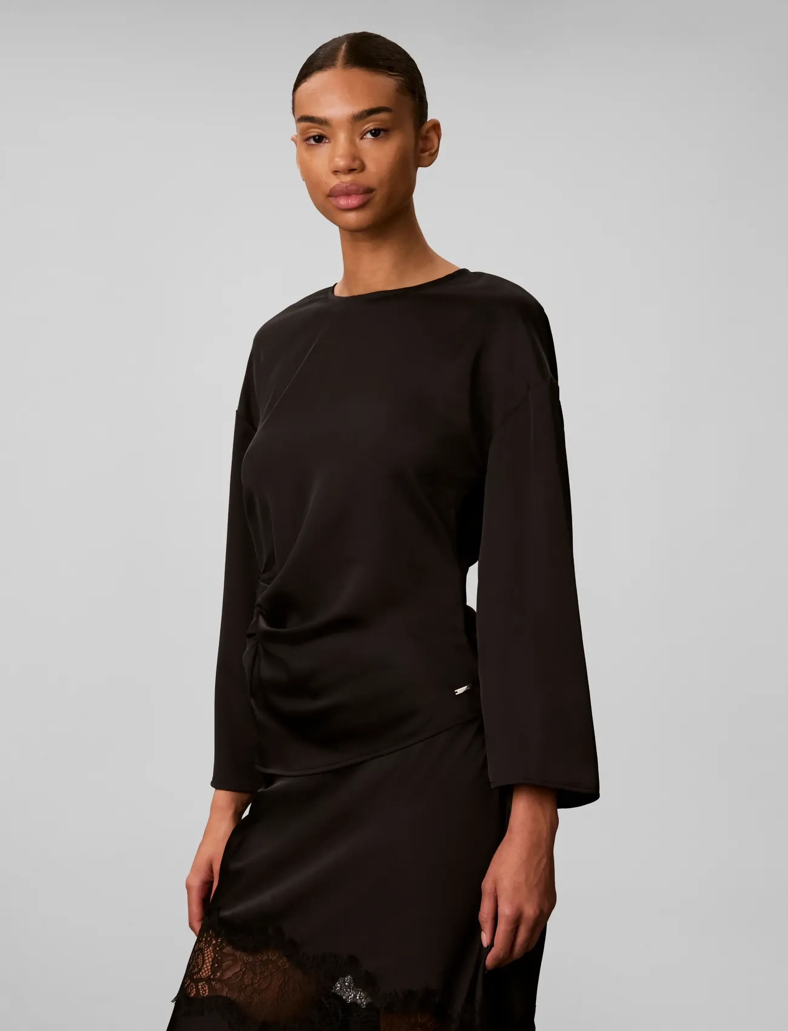 Calvin Klein - MATTE SATIN LS RUCHED TOP - langærmede bluser - black - 5