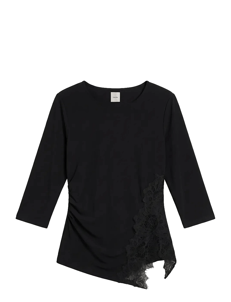 Calvin Klein - SS CREPE JERSEY ASSYM LACE TOP - long sleeved blouses - black - 1