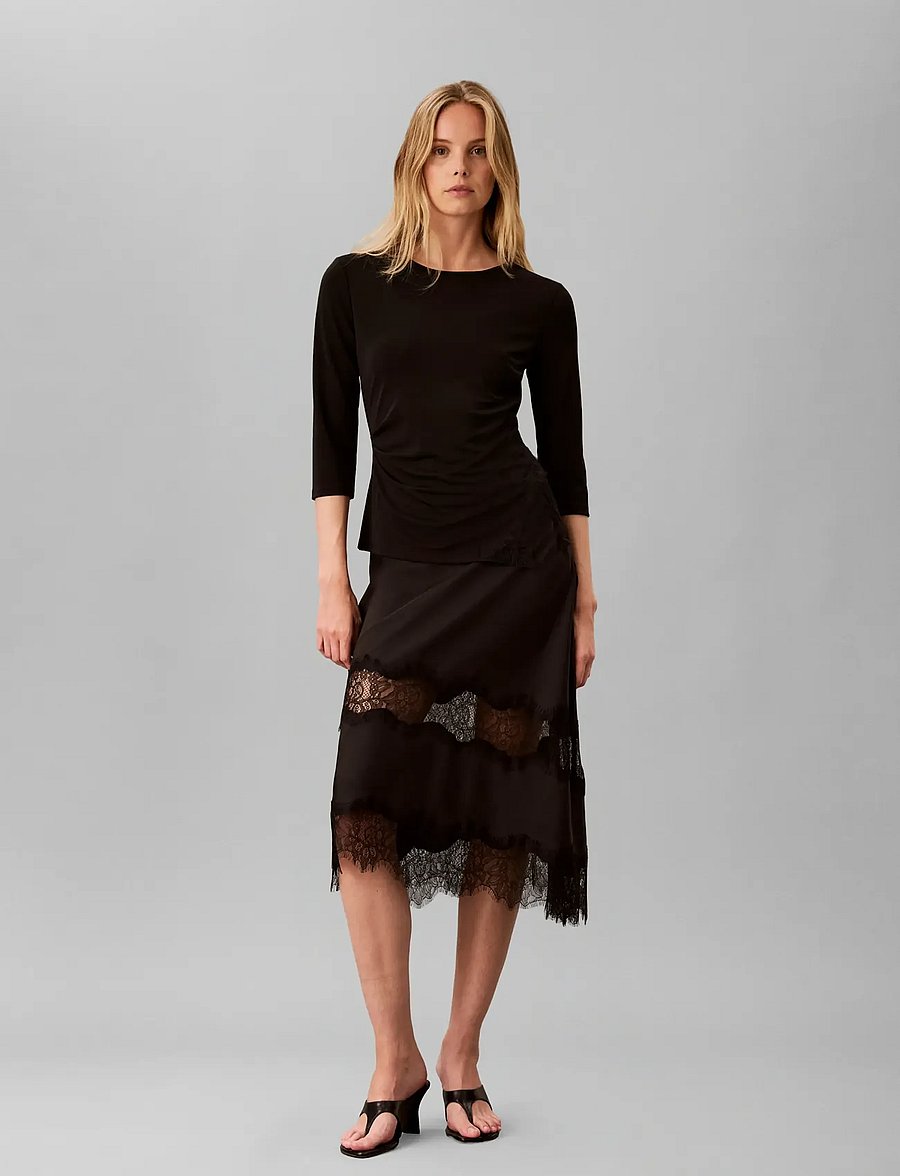 Calvin Klein - SS CREPE JERSEY ASSYM LACE TOP - long sleeved blouses - black - 0