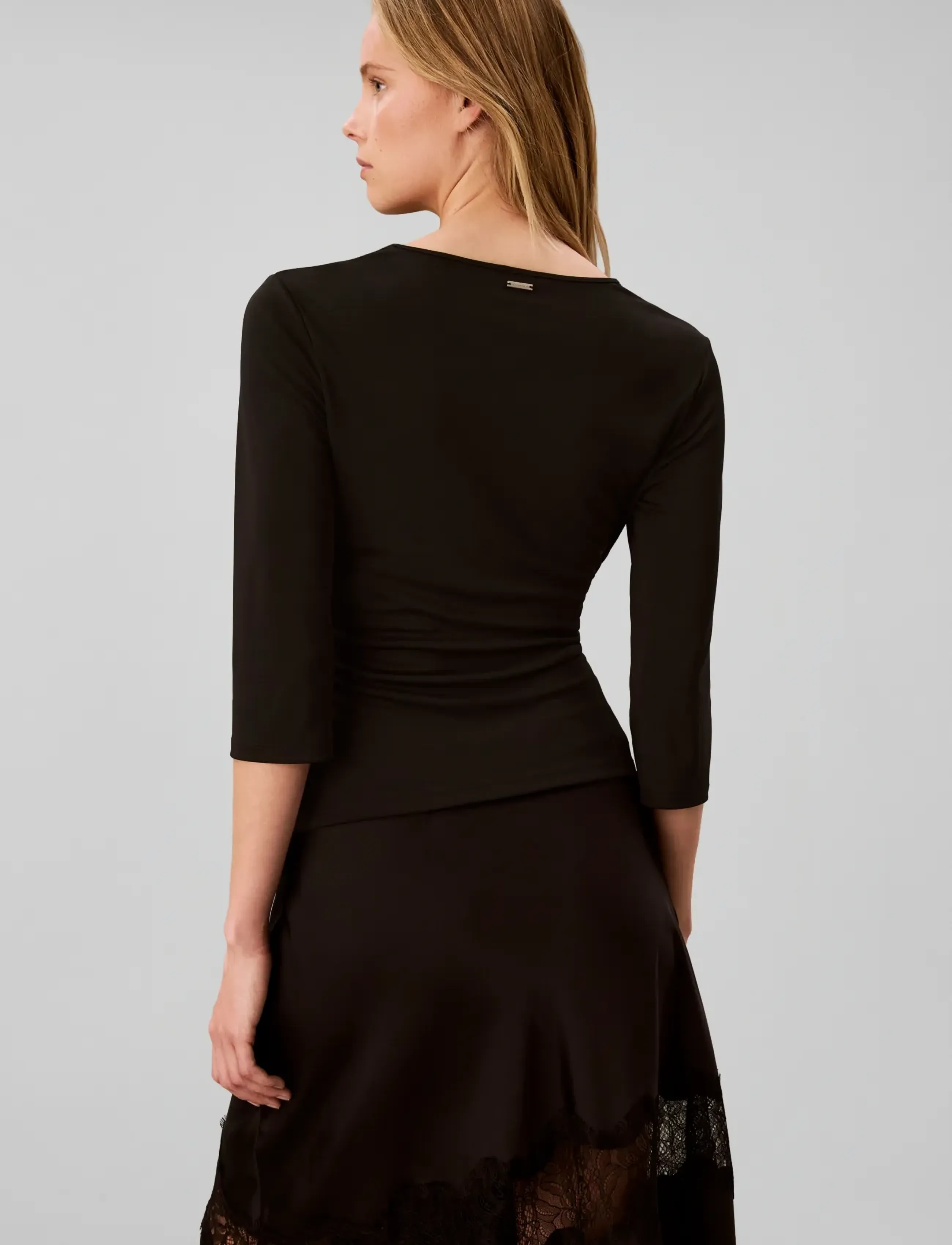 Calvin Klein - SS CREPE JERSEY ASSYM LACE TOP - long sleeved blouses - black - 5