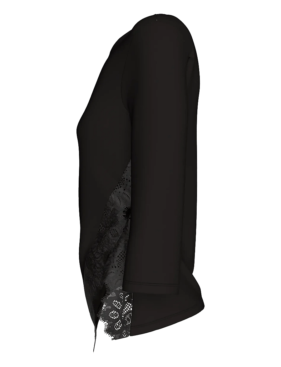 Calvin Klein - SS CREPE JERSEY ASSYM LACE TOP - long sleeved blouses - black - 3