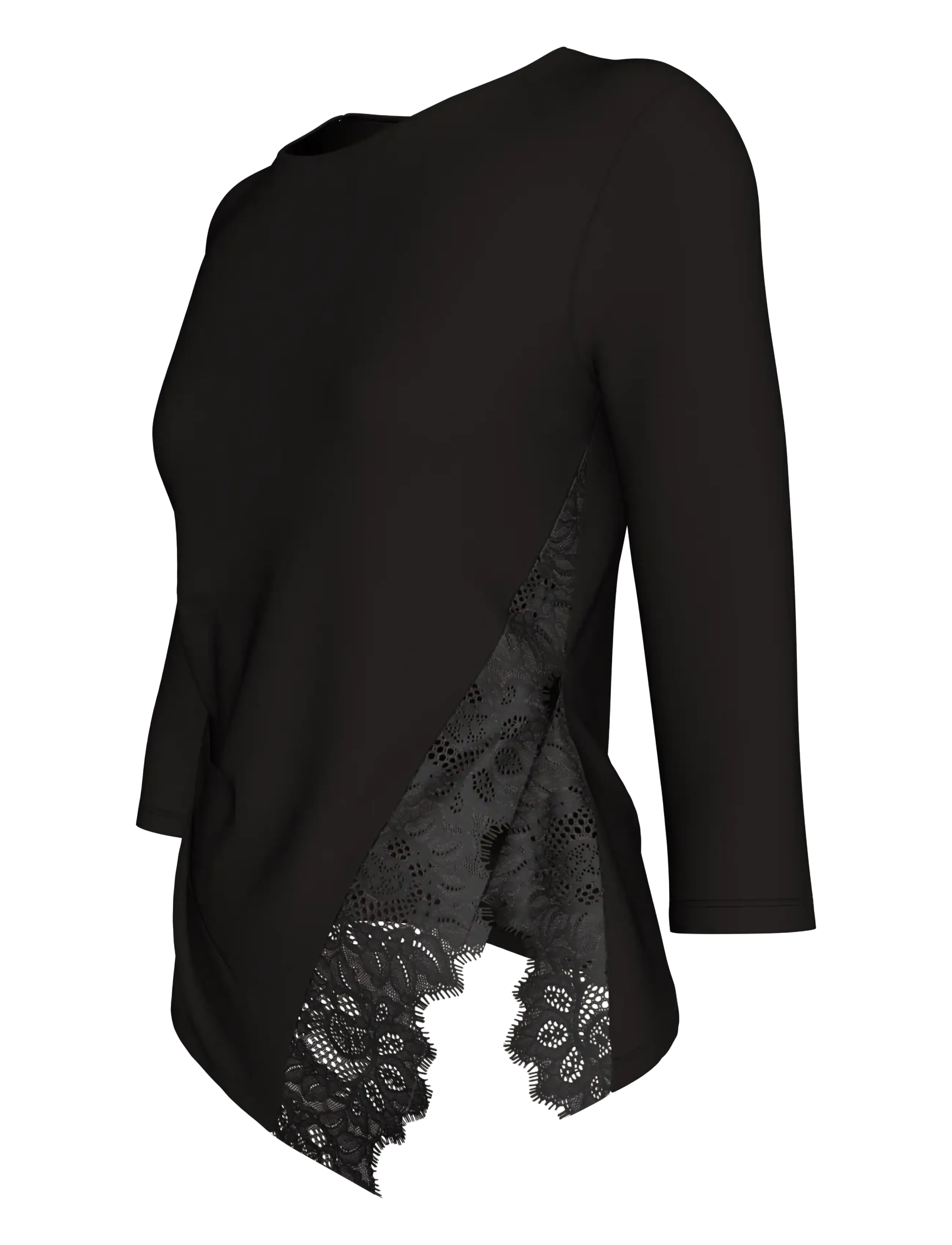 Calvin Klein - SS CREPE JERSEY ASSYM LACE TOP - long sleeved blouses - black - 4