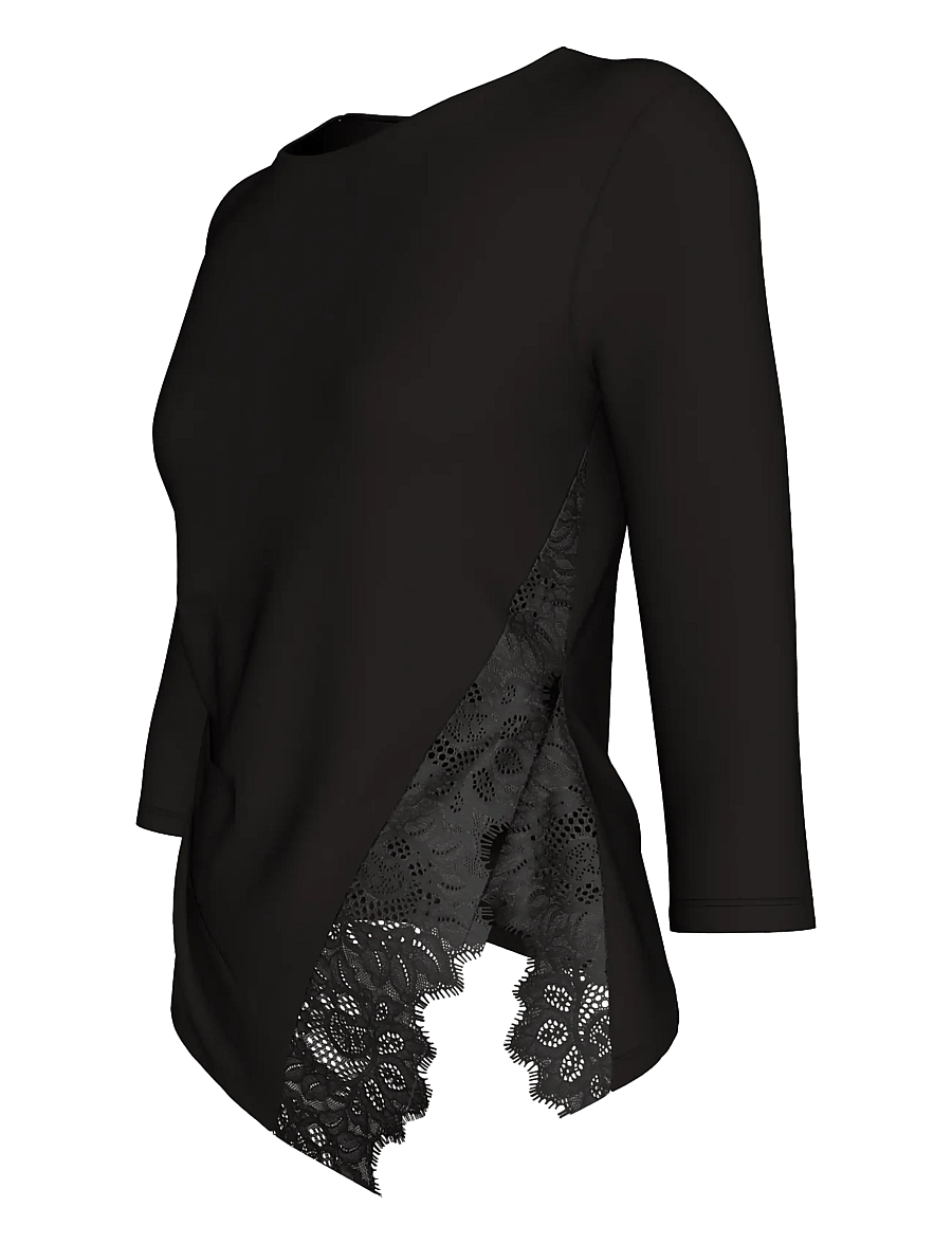 Calvin Klein - SS CREPE JERSEY ASSYM LACE TOP - long sleeved blouses - black - 4