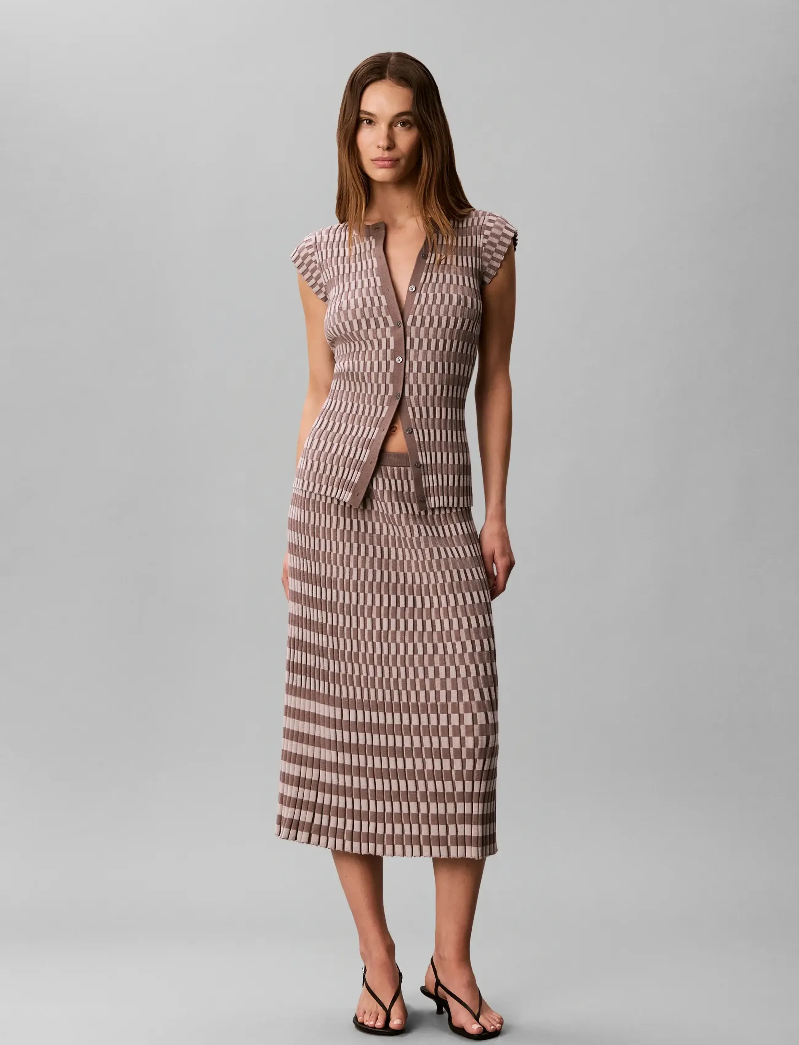 Calvin Klein Checkered Plaid Rib Skirt, Kvinder, Ternet Ribstrikket Midi Nederdel, Lyserød, Str: S