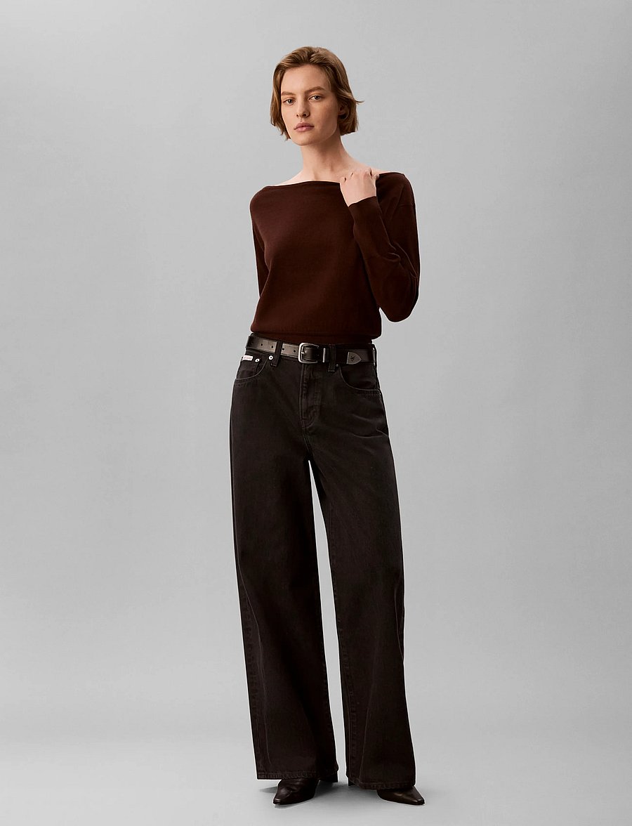 Calvin Klein - MERINO BLEND OPEN NECK SWEATER - striktrøjer - rich brown - 0