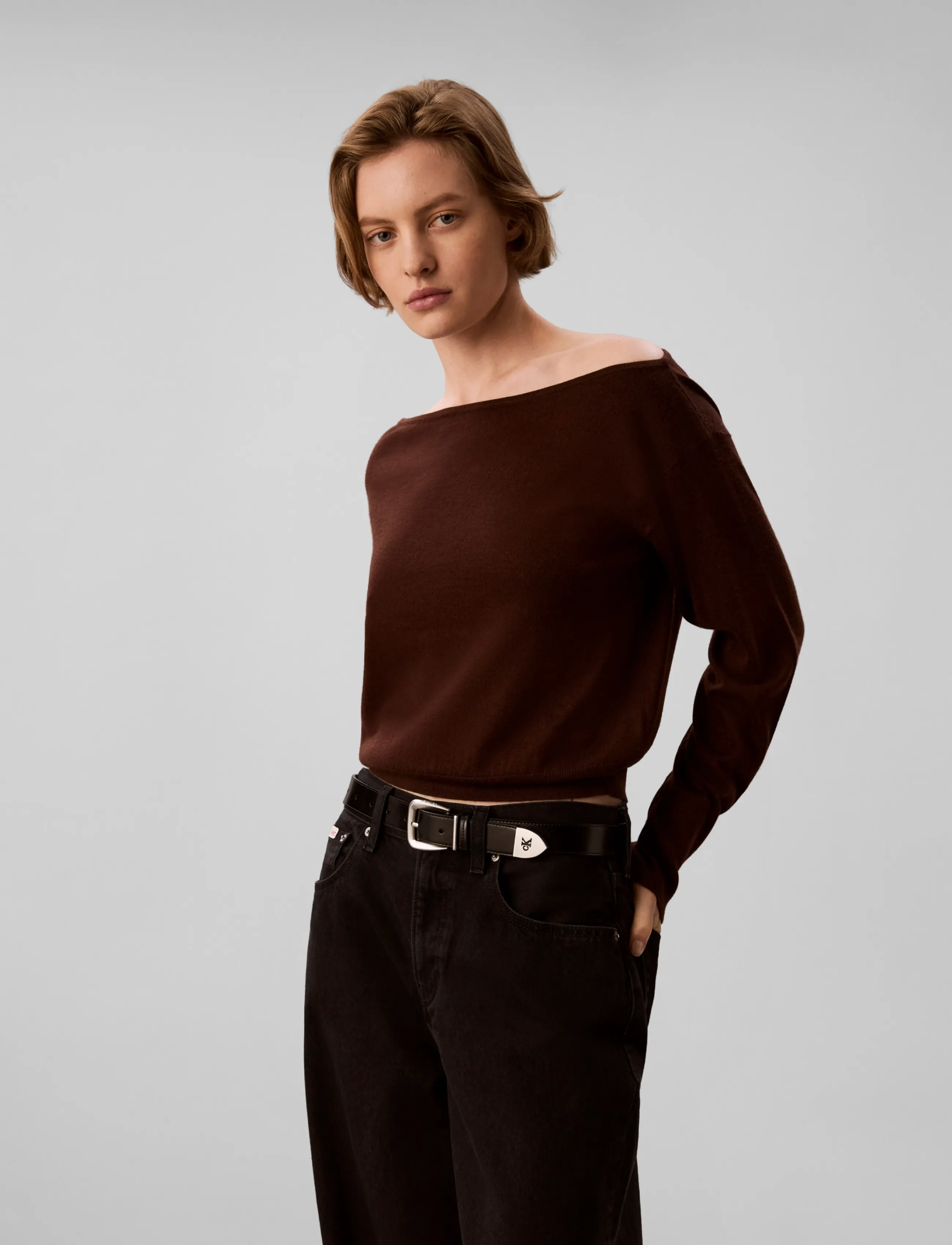 Calvin Klein - MERINO BLEND OPEN NECK SWEATER - striktrøjer - rich brown - 3