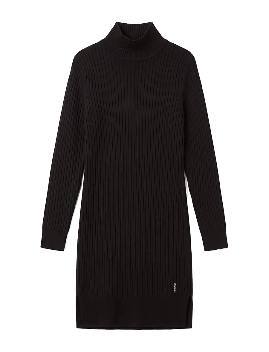 Calvin Klein - 100% MERINO TNECK DRESS - strikkjoler - black - 1