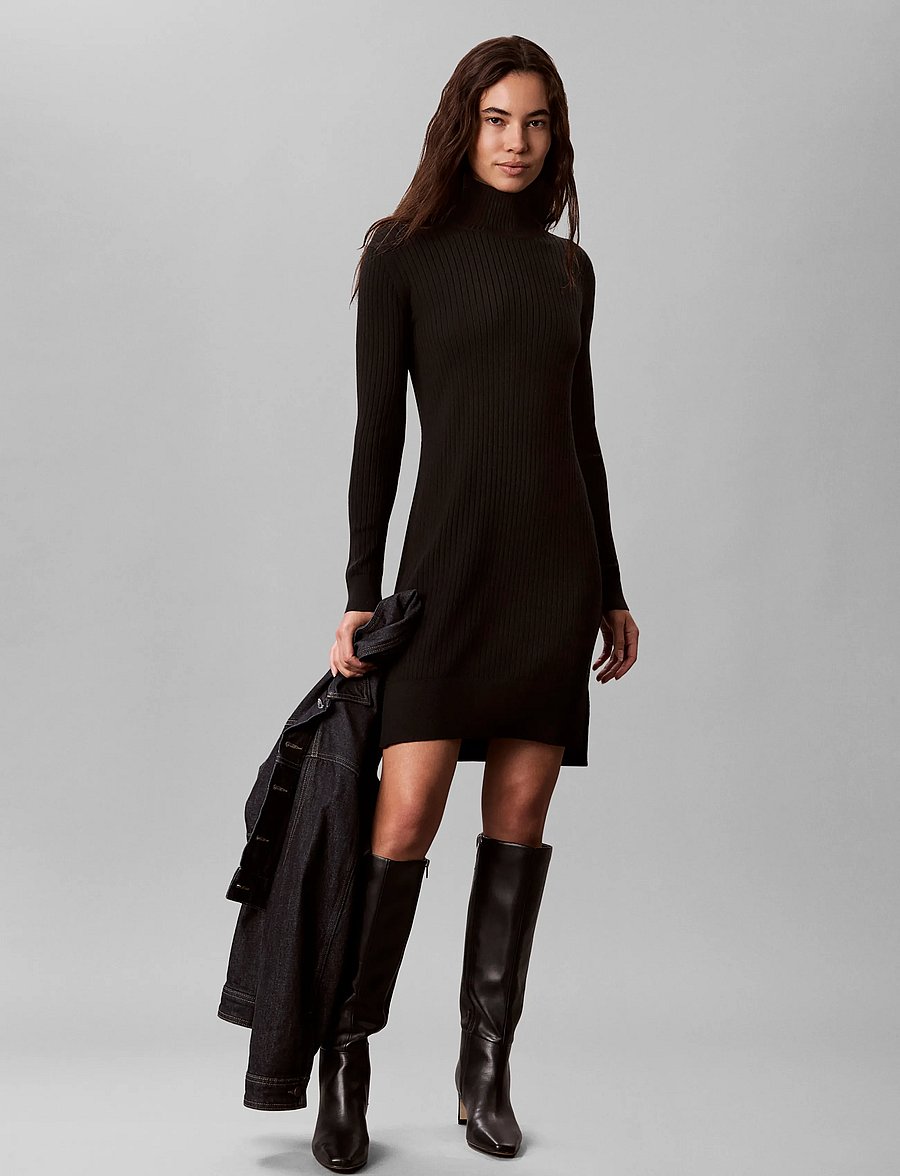 Calvin Klein - 100% MERINO TNECK DRESS - strikkjoler - black - 0