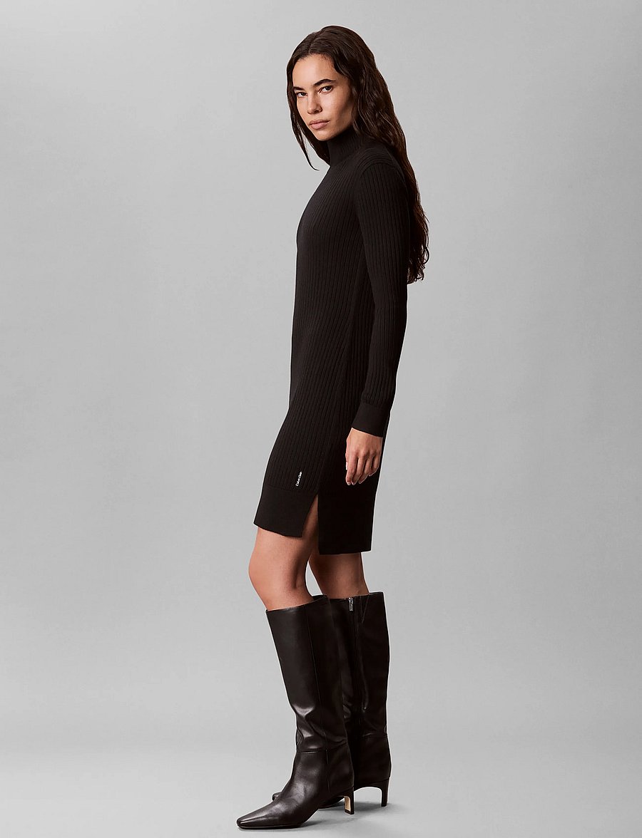 Calvin Klein - 100% MERINO TNECK DRESS - strikkjoler - black - 5