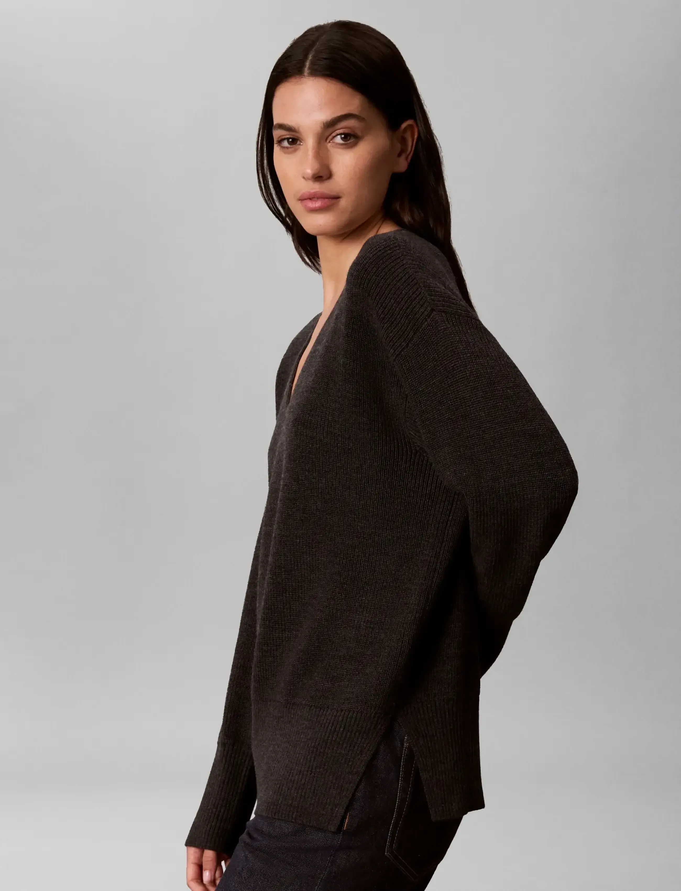 Calvin Klein - Wool Blend VNeck LS Sweater - b85 gunmetal heather - 5
