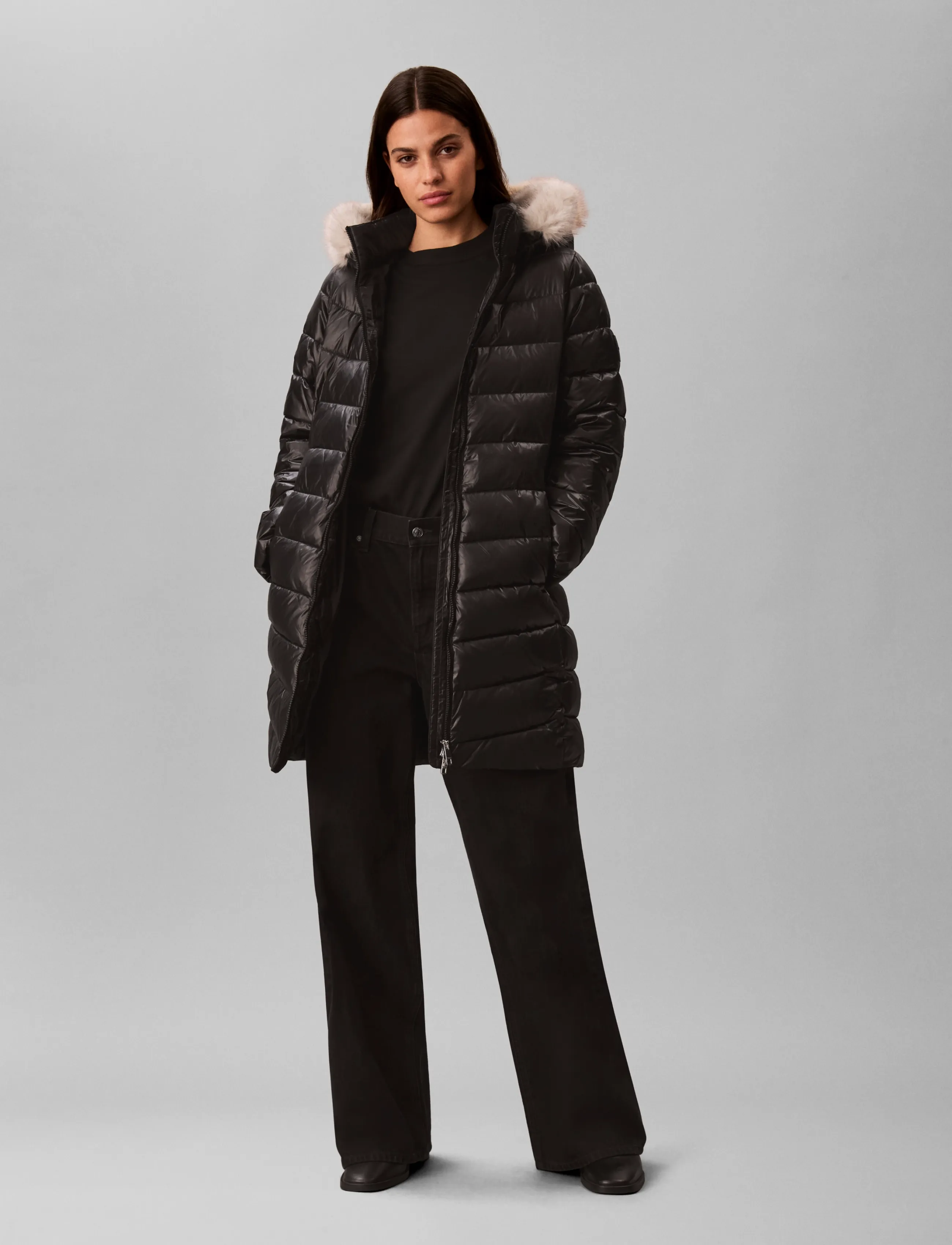 Calvin Klein Shine Lw Belted Long Puffer With, Damen, Langer Gürtel Glänzender Steppmantel Mit Kapuze, Schwarz, Gr.M