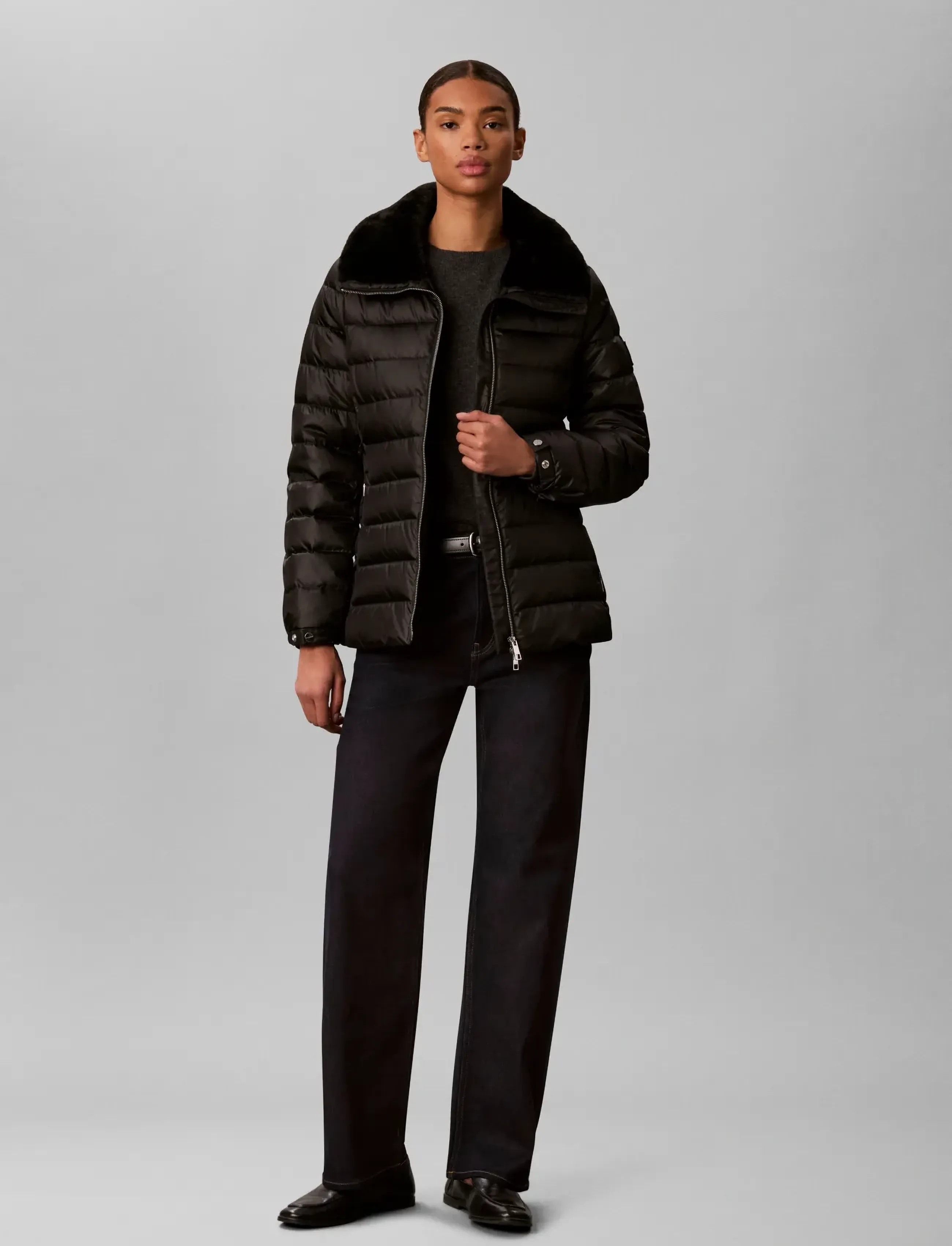Calvin Klein SATIN LW SHORT PUFFER WITH FUR - Calvin Klein - BLACK / black