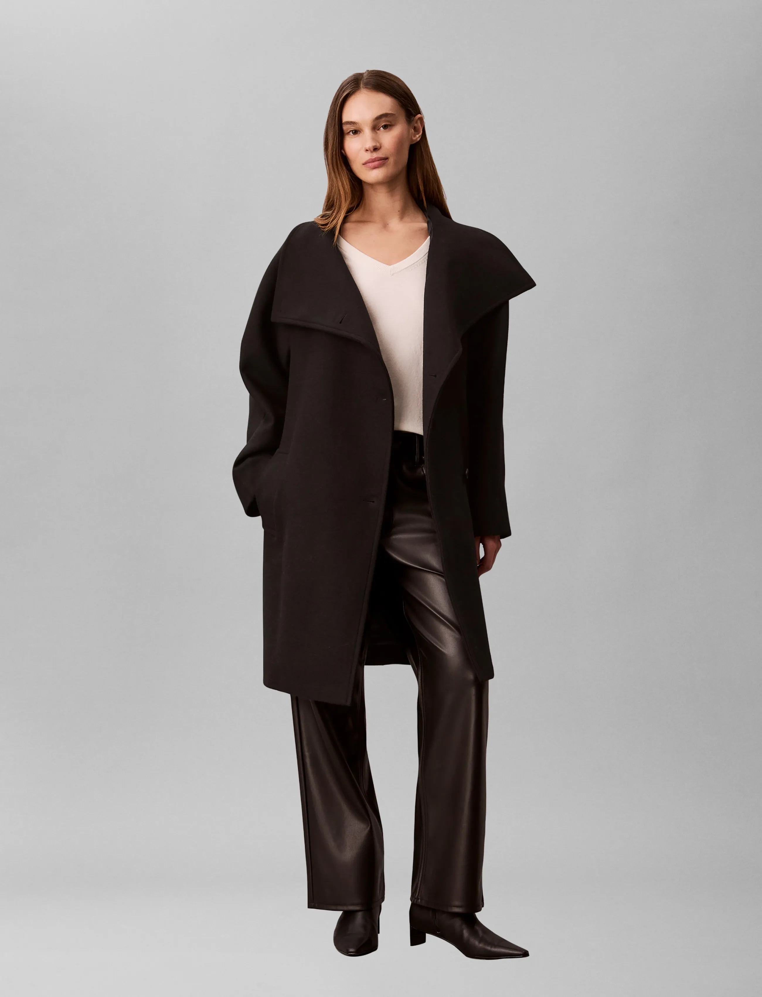 Calvin Klein Funnel Neck Knee Length Wool Coa, M, Coats, Schwarz - Winter Frauen