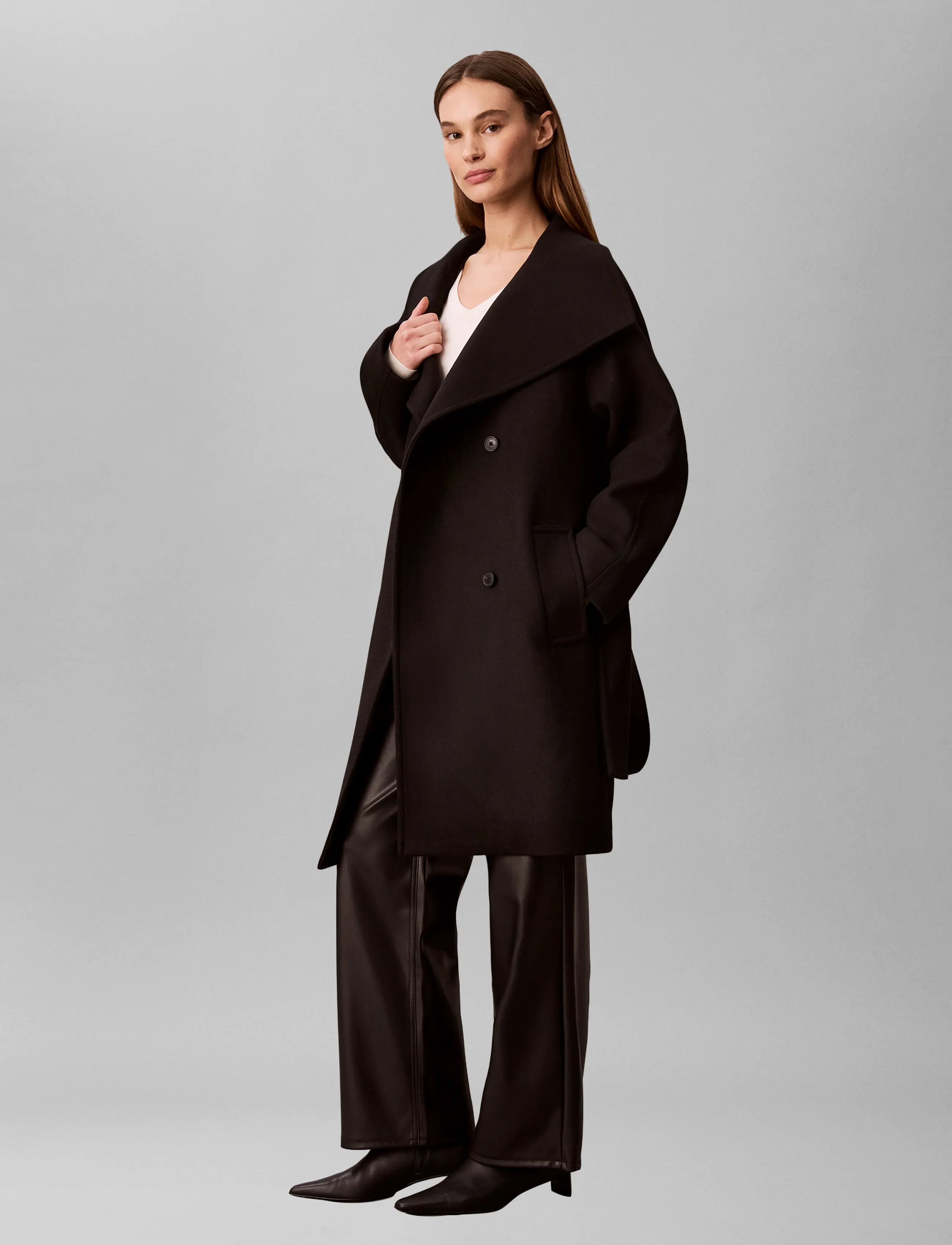 Calvin Klein - FUNNEL NECK KNEE LENGTH WOOL COA - black - 5