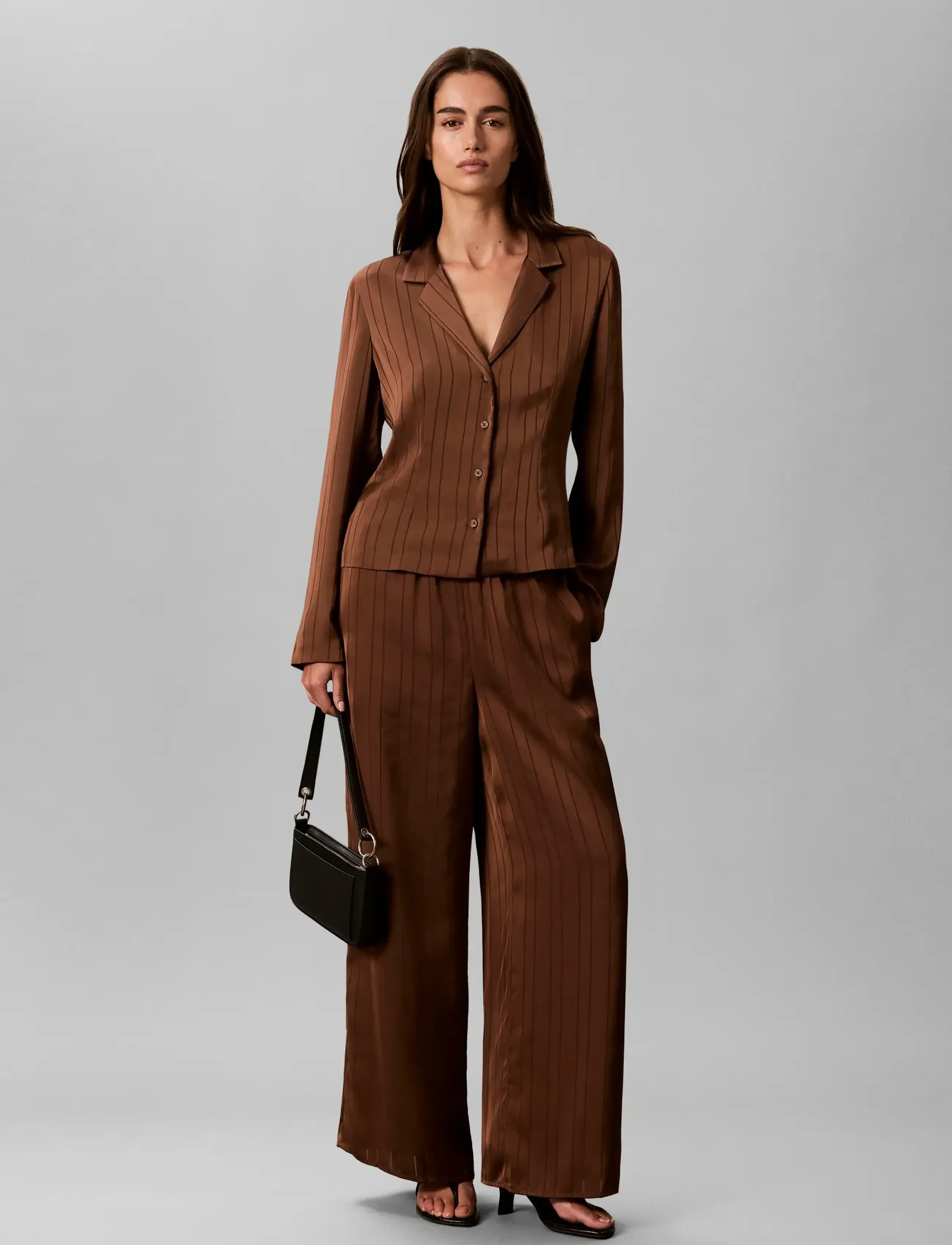 Calvin Klein TEXTURED STRIPE WIDE LEG PULL ON - Bukser - CACAO / brown