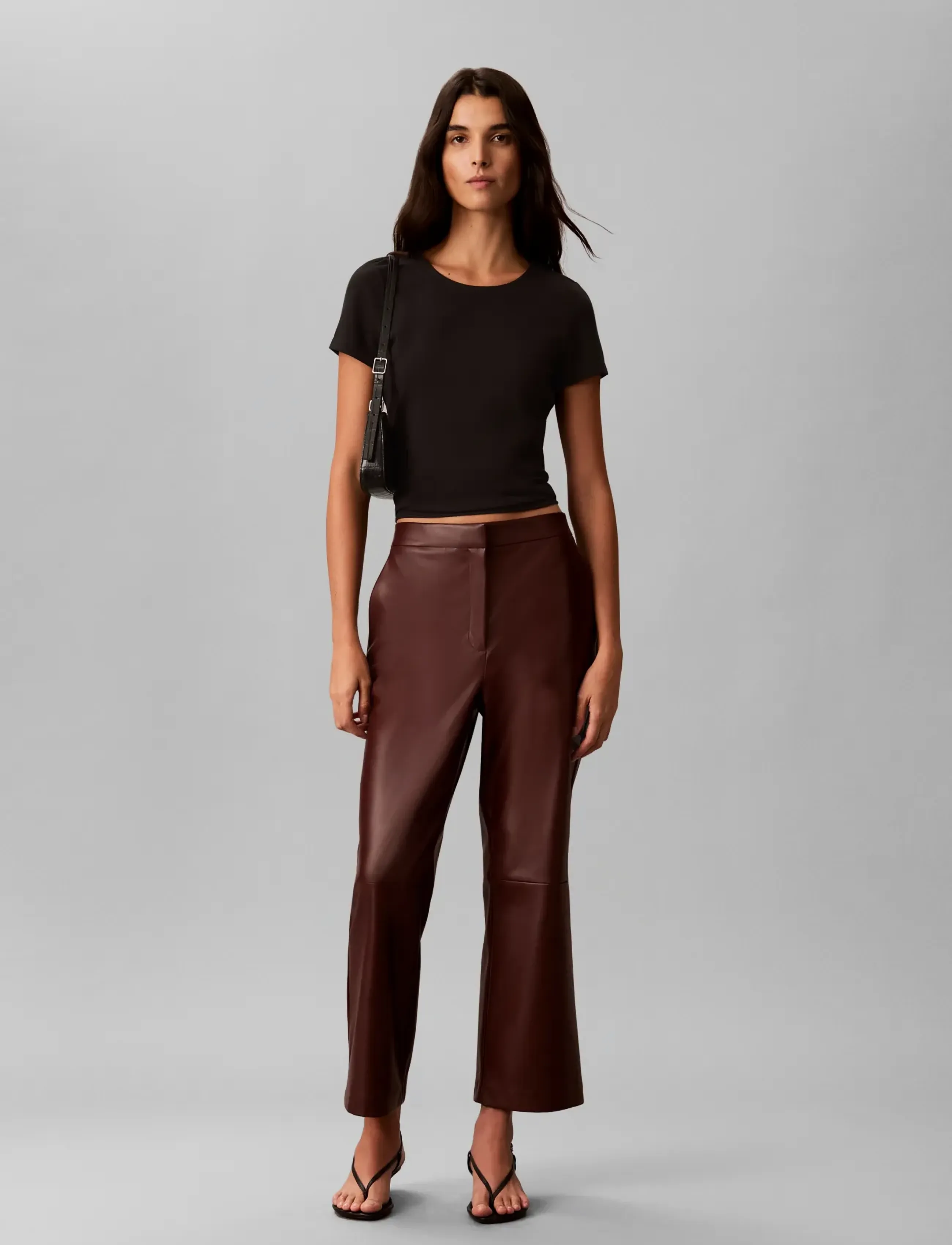 Calvin Klein FAUX LEATHER FLARE PANT - Trousers - RED MAHOGANY AS HEADER / burgundy