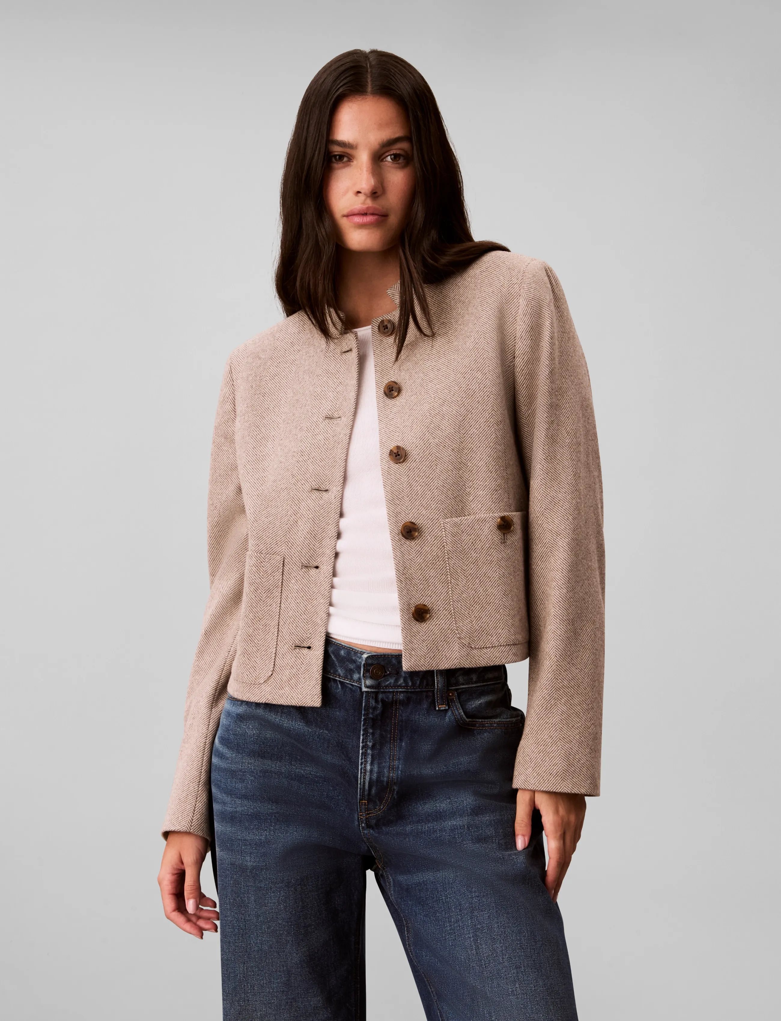 Calvin Klein - HERRINGBONE JACKET - brown cork ground + chalk twill - 3