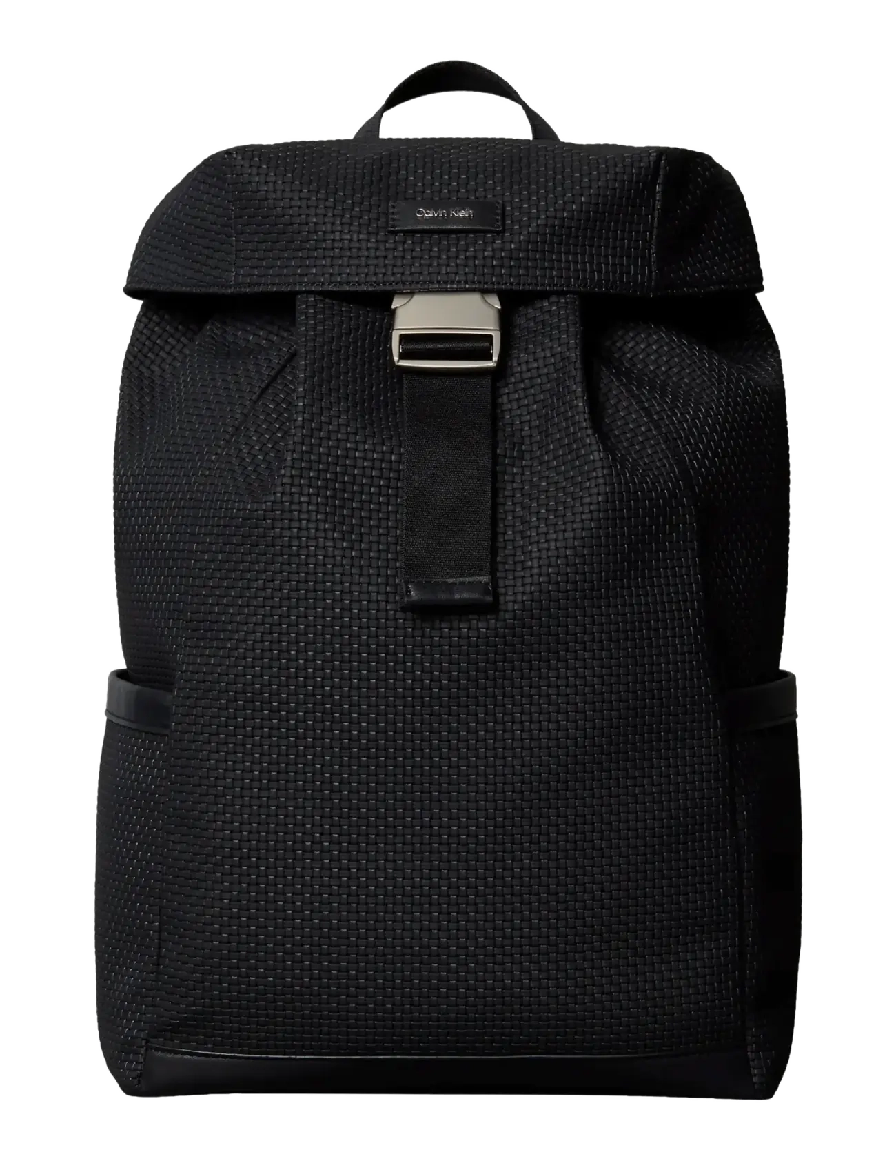 EMBOSSED WOVEN FLAP BACKPACK - BLACK