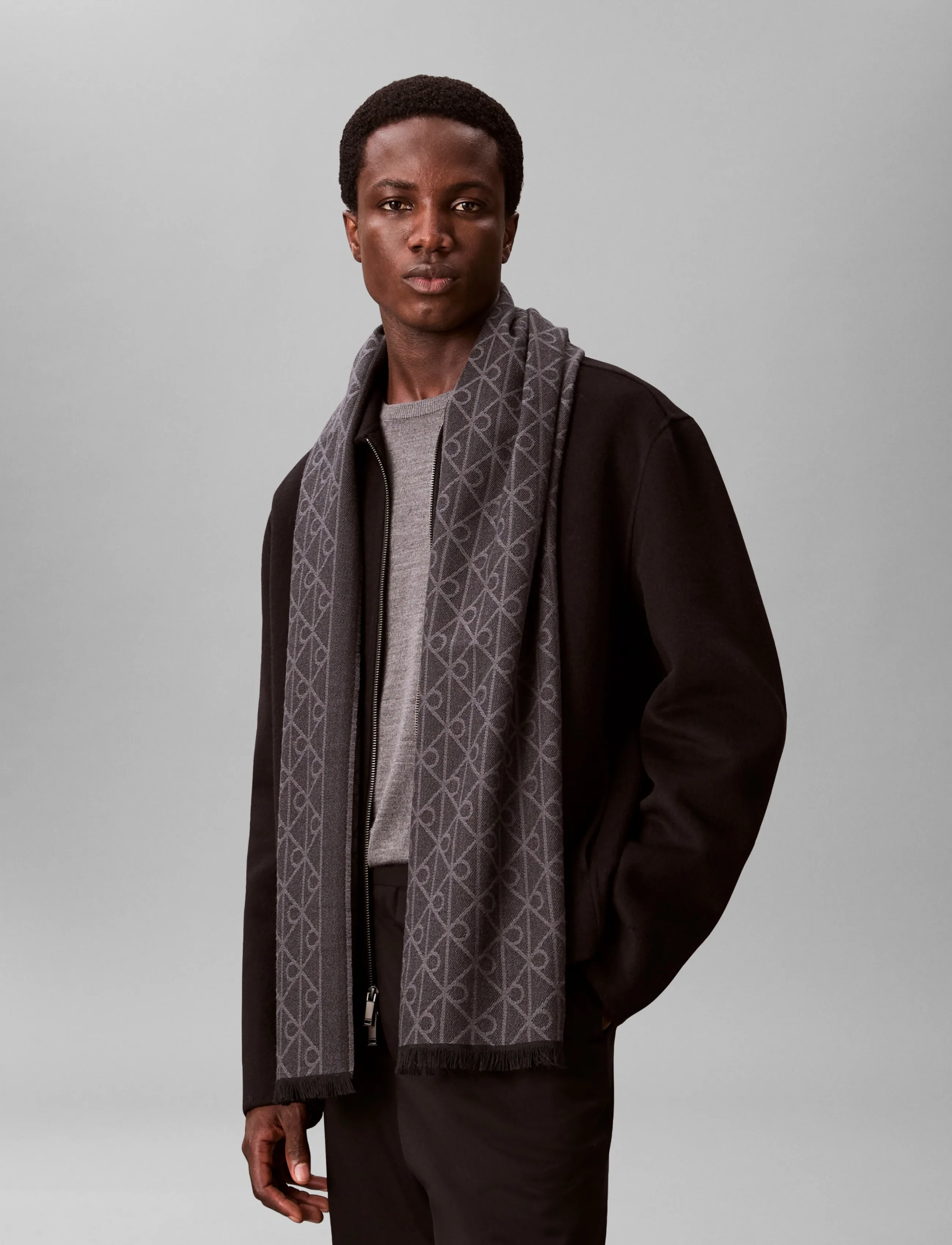 Calvin Klein Tonal Aop Jcq Lw Scarf, One Size, Black, Tørklæder > Vintertørklæder, Herre