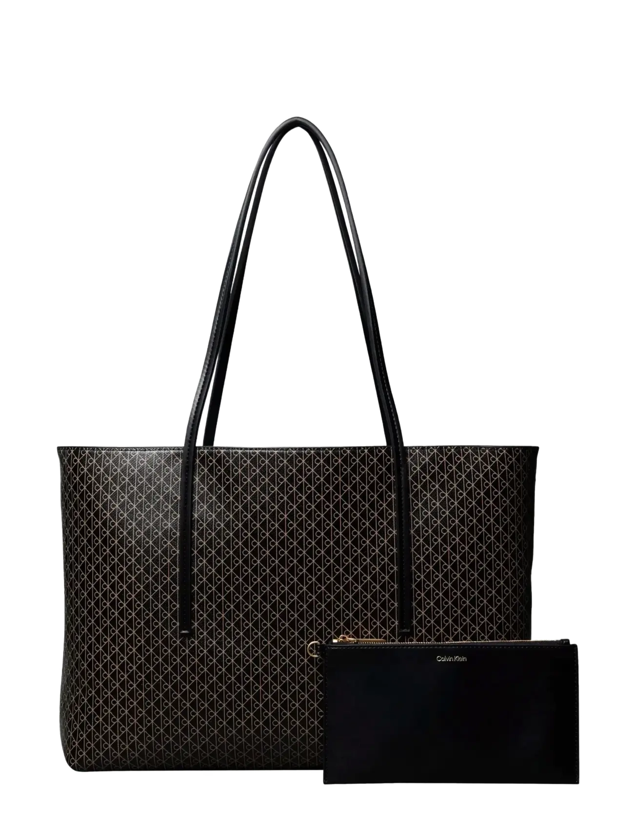 Calvin Klein EMBLEM AOP TOTE W/ POUCH - Axelremsväskor - BLACK AOP / black