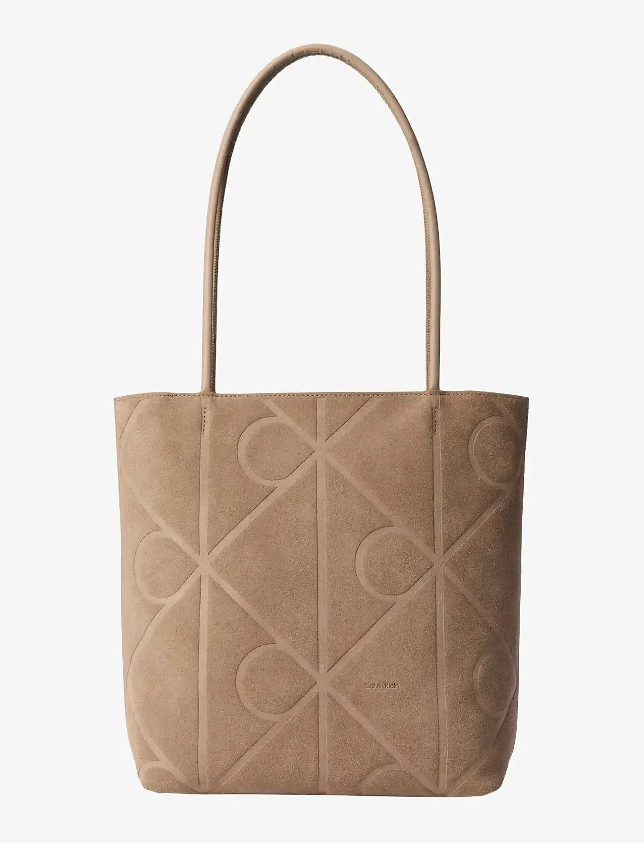 Calvin Klein - EMBLEM AOP SUEDE SMALL TOTE - tote bags - desert taupe - 0