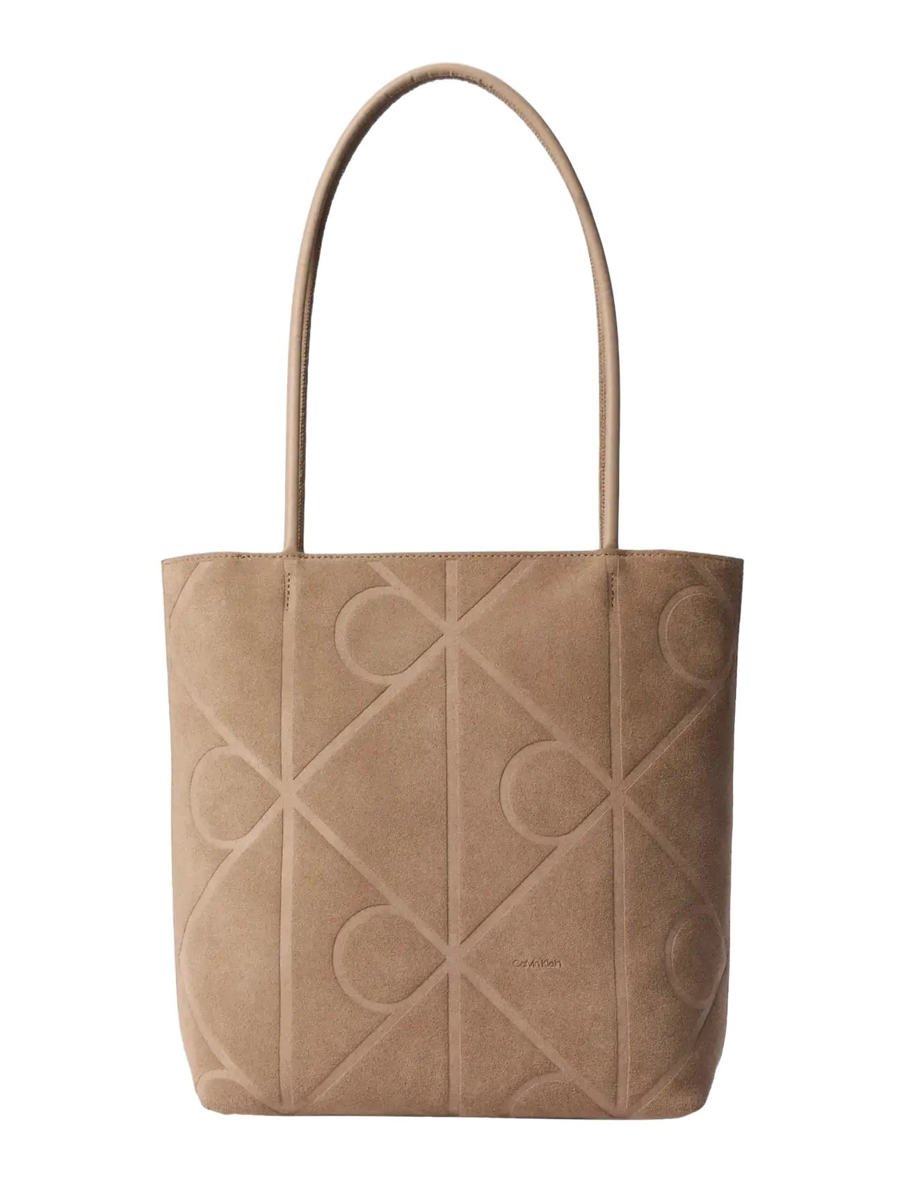 Calvin Klein EMBLEM AOP SUEDE SMALL TOTE - Bags - DESERT TAUPE / beige