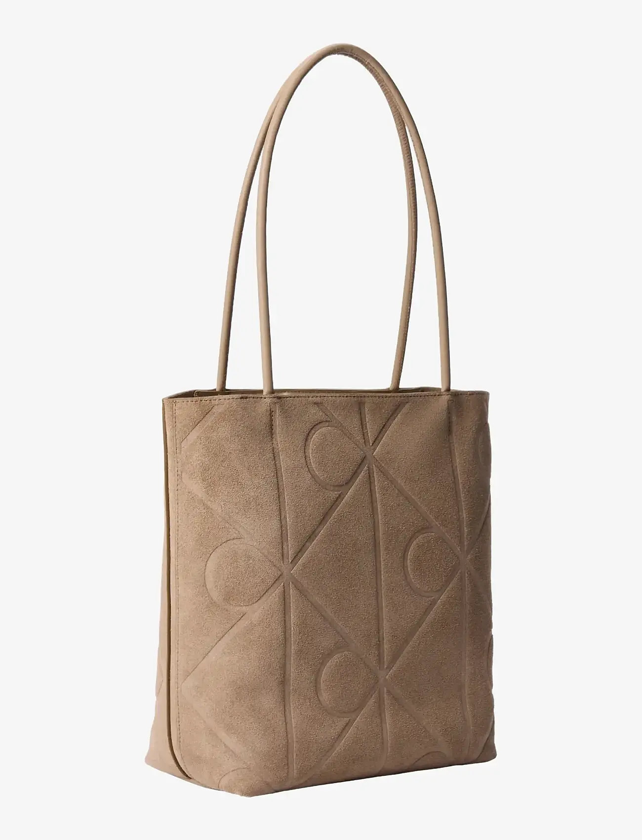 Calvin Klein - EMBLEM AOP SUEDE SMALL TOTE - tote bags - desert taupe - 1