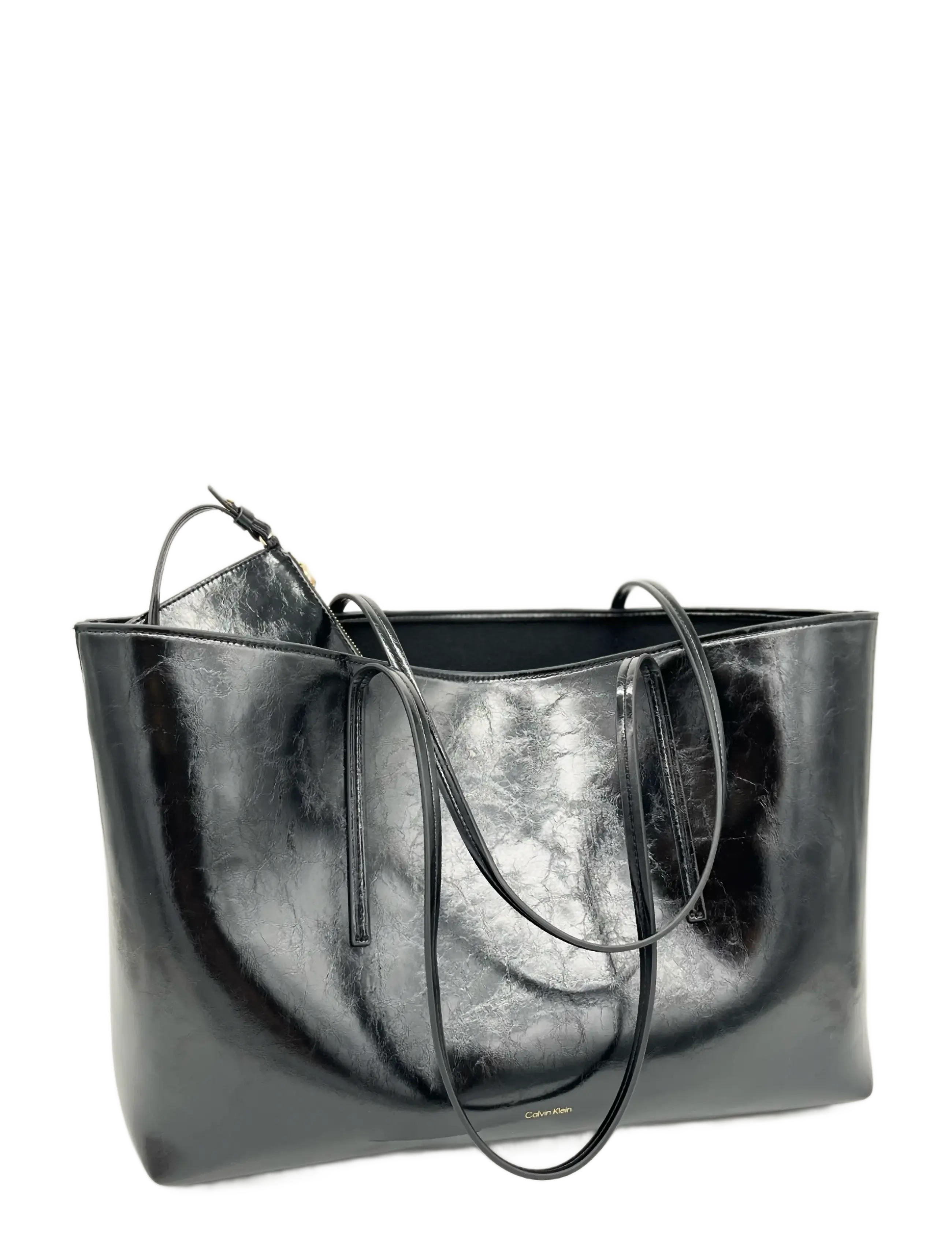 Calvin Klein - FOIL LOGO GLOSSY TOTE W/ POUCH - kandekotid - black - 2