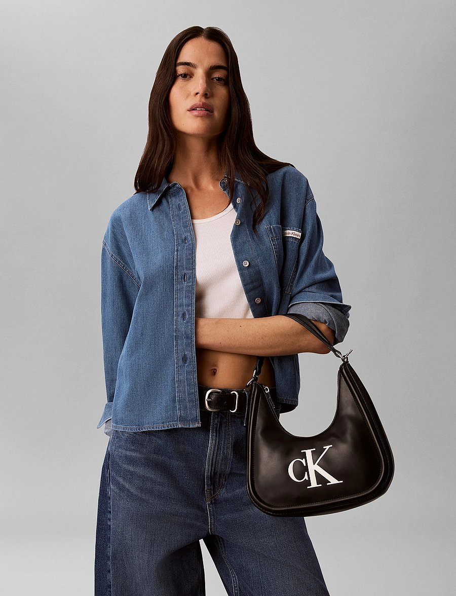 Calvin Klein - BOLD CK SMALL CRESCENT BAG - crossbody bags - black white - 0