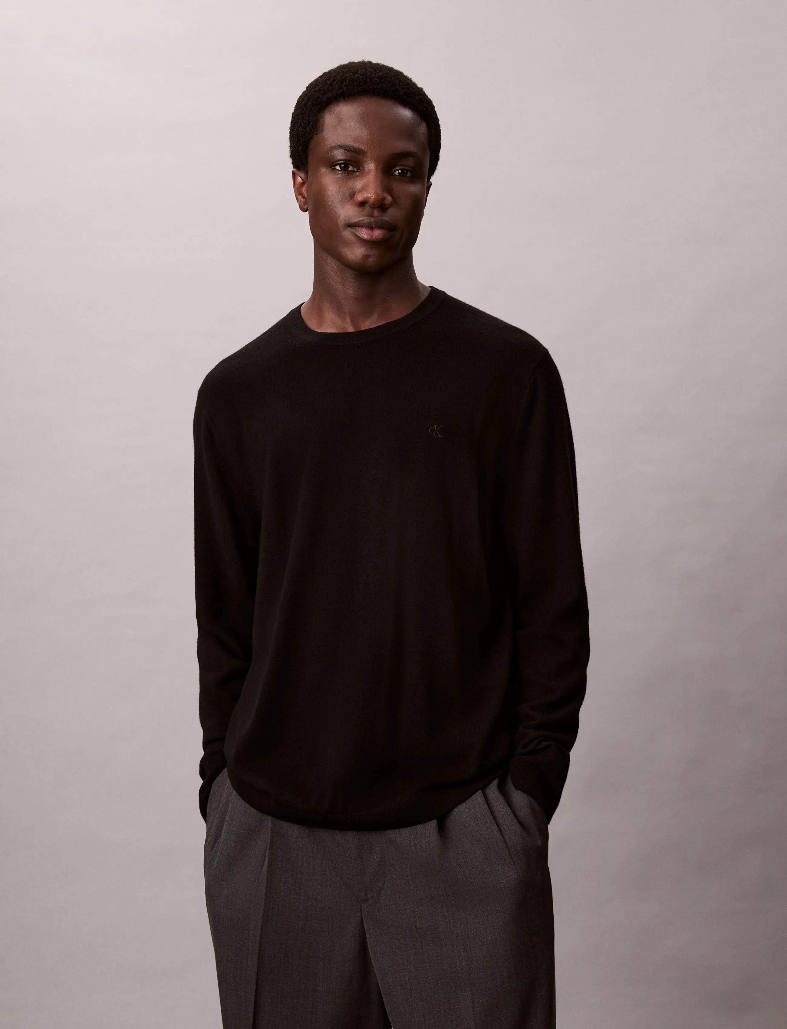 Calvin Klein LS 100% MERINO CREW 14GG - Kudumid - BLACK / black