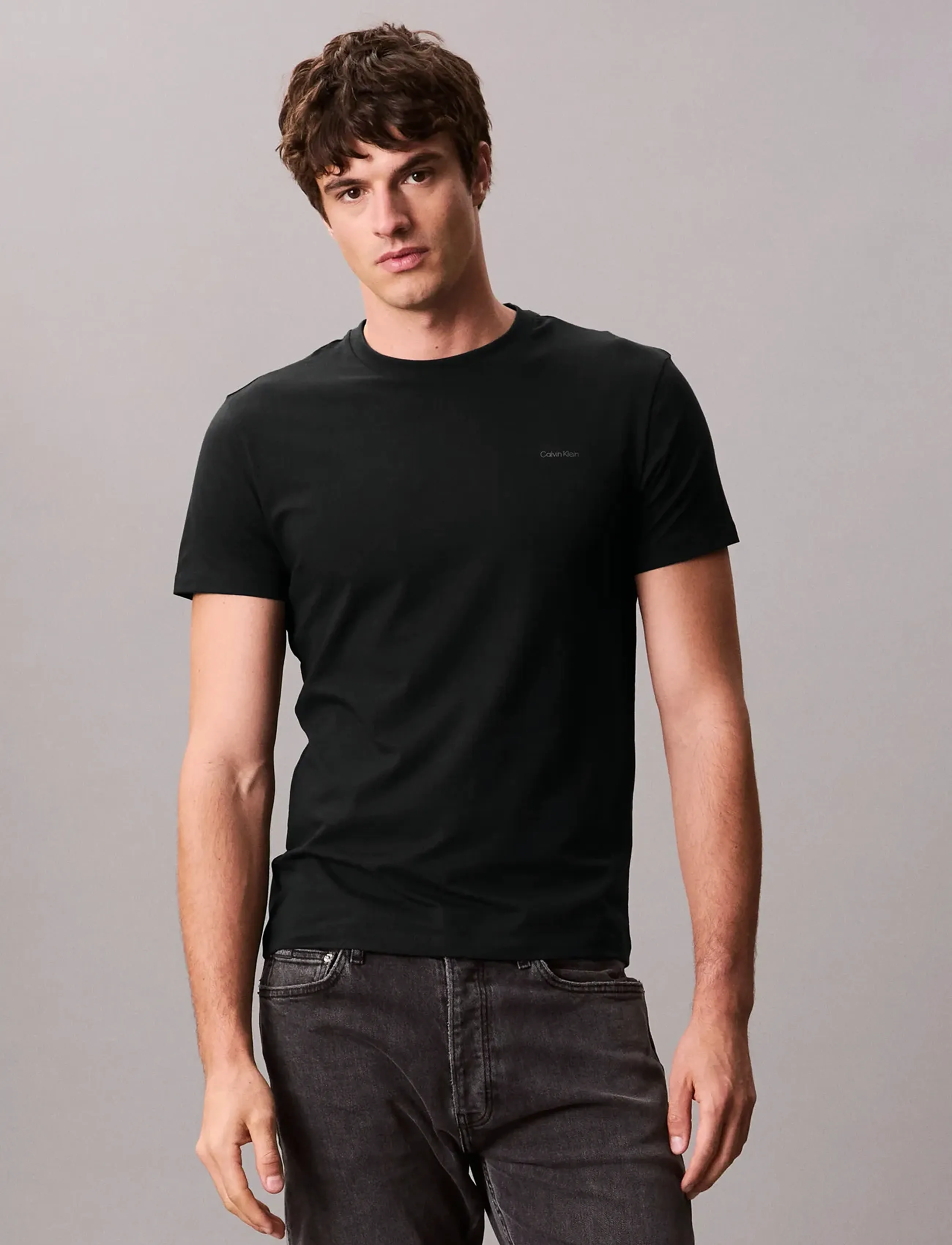 Calvin Klein SS SLIM STRETCH MONOGRAM TEE - T-Shirts - BLACK / black