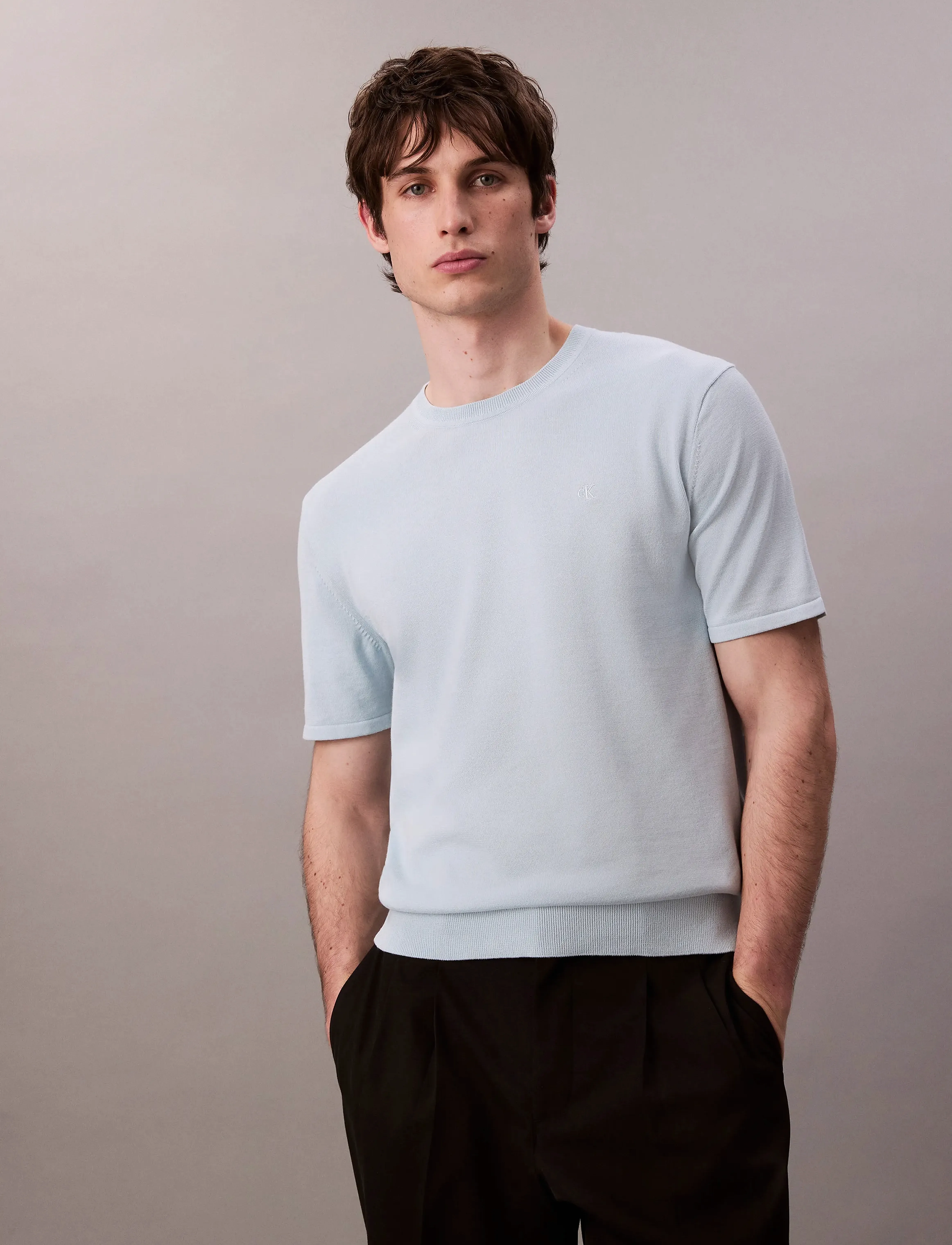 Calvin Klein SS SUPIMA COTTON CREW 14GG - T-shirts - WINTER SKY / white