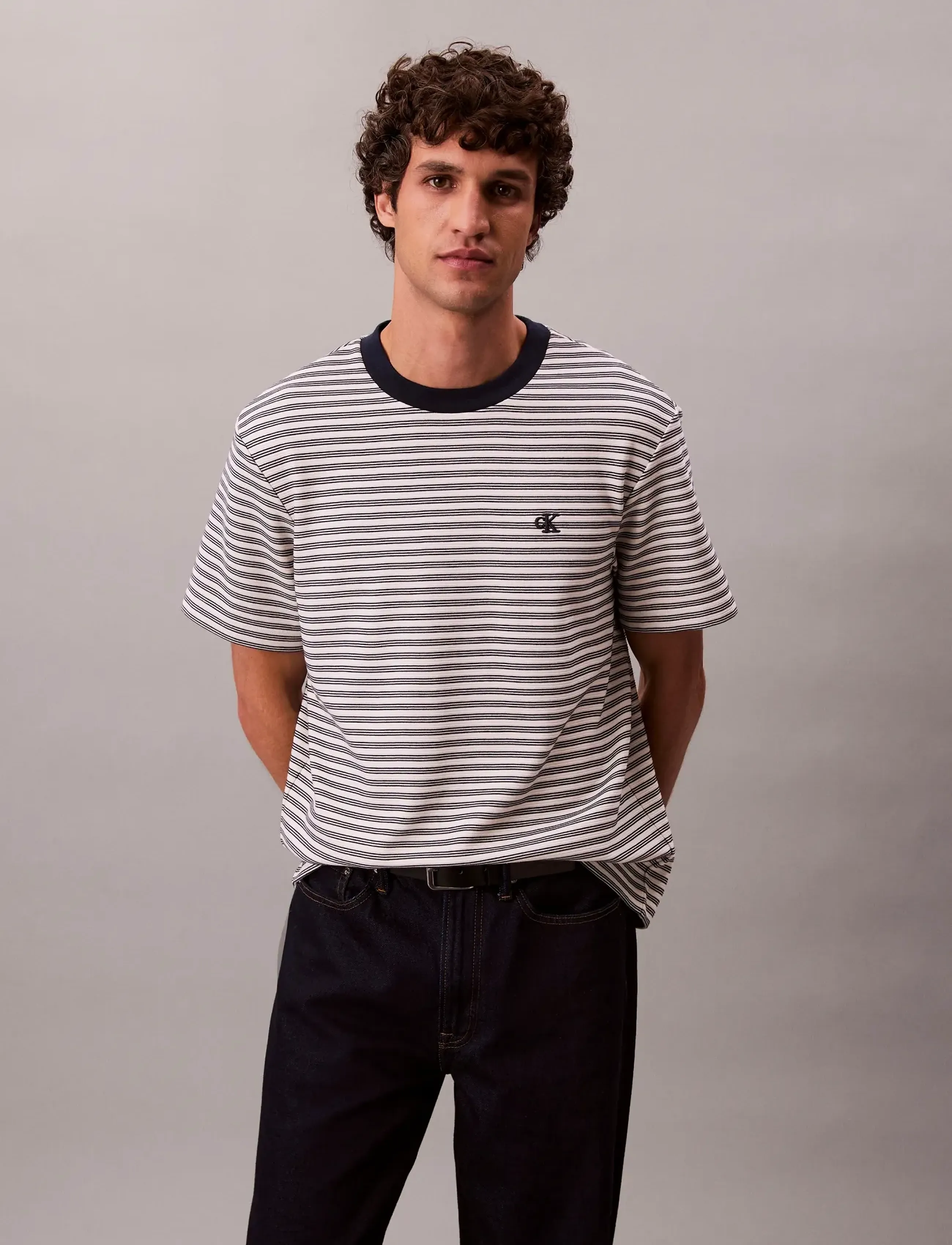 Calvin Klein SS STRIPED OTTOMAN TEE - Kleding - CHALK / cream