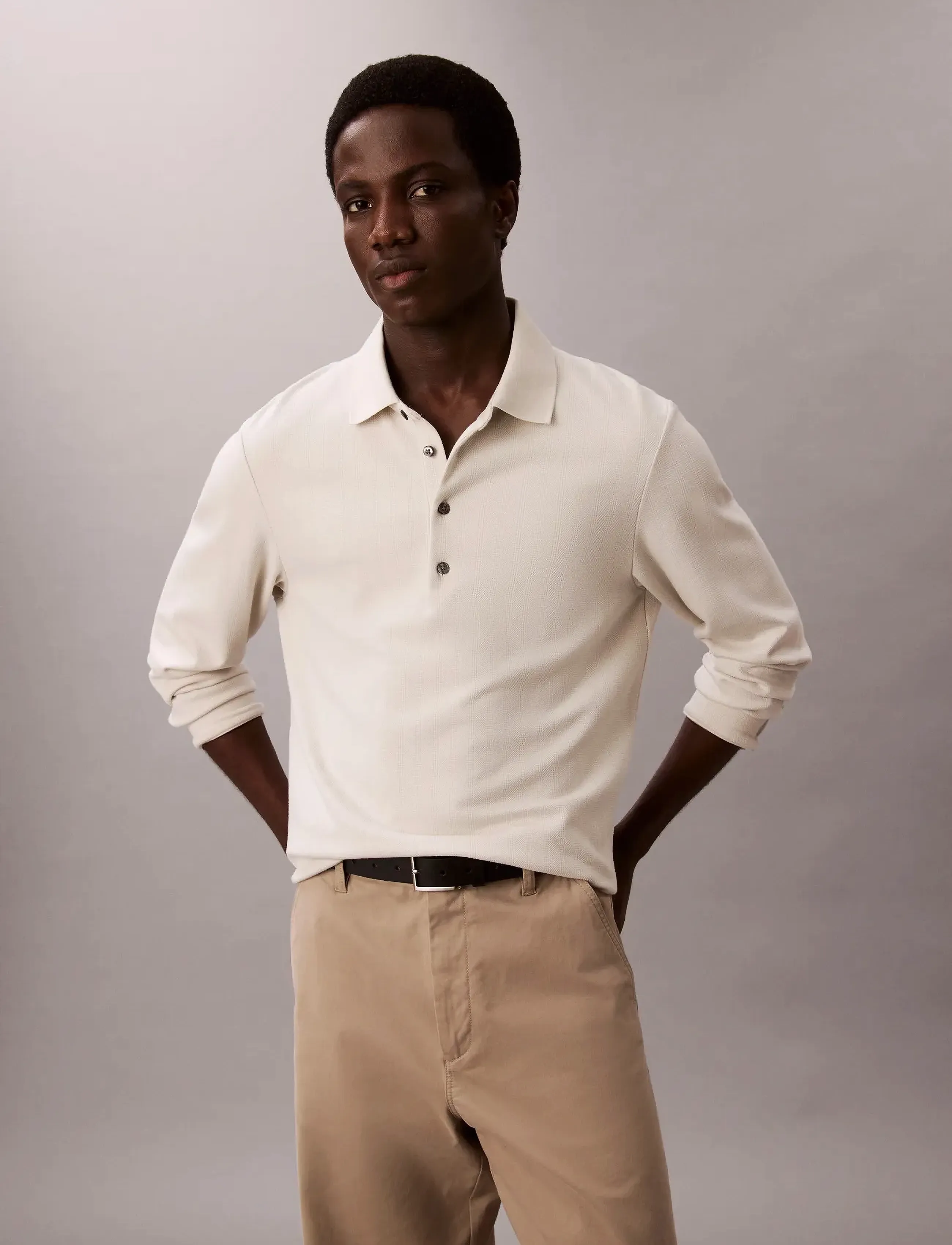 Calvin Klein Ls Jacquard Wool Polo, XXL, Cream, Poloer > Langærmede, Herre