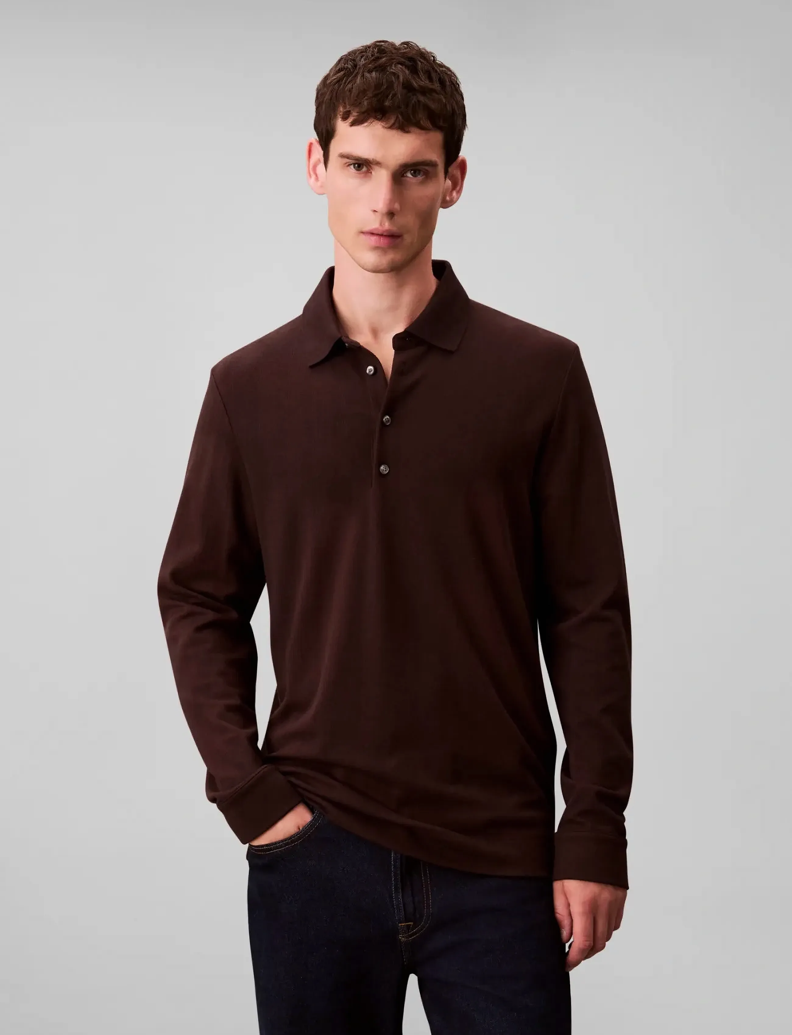 Calvin Klein Ls Jacquard Wool Polo, L, Brown, Poloer > Langærmede, Herre