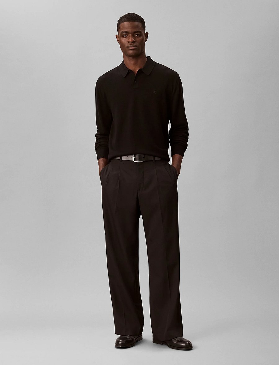 Calvin Klein - LS 100% MERINO POLO 14GG - långärmade stickade pikétröjor - black - 0