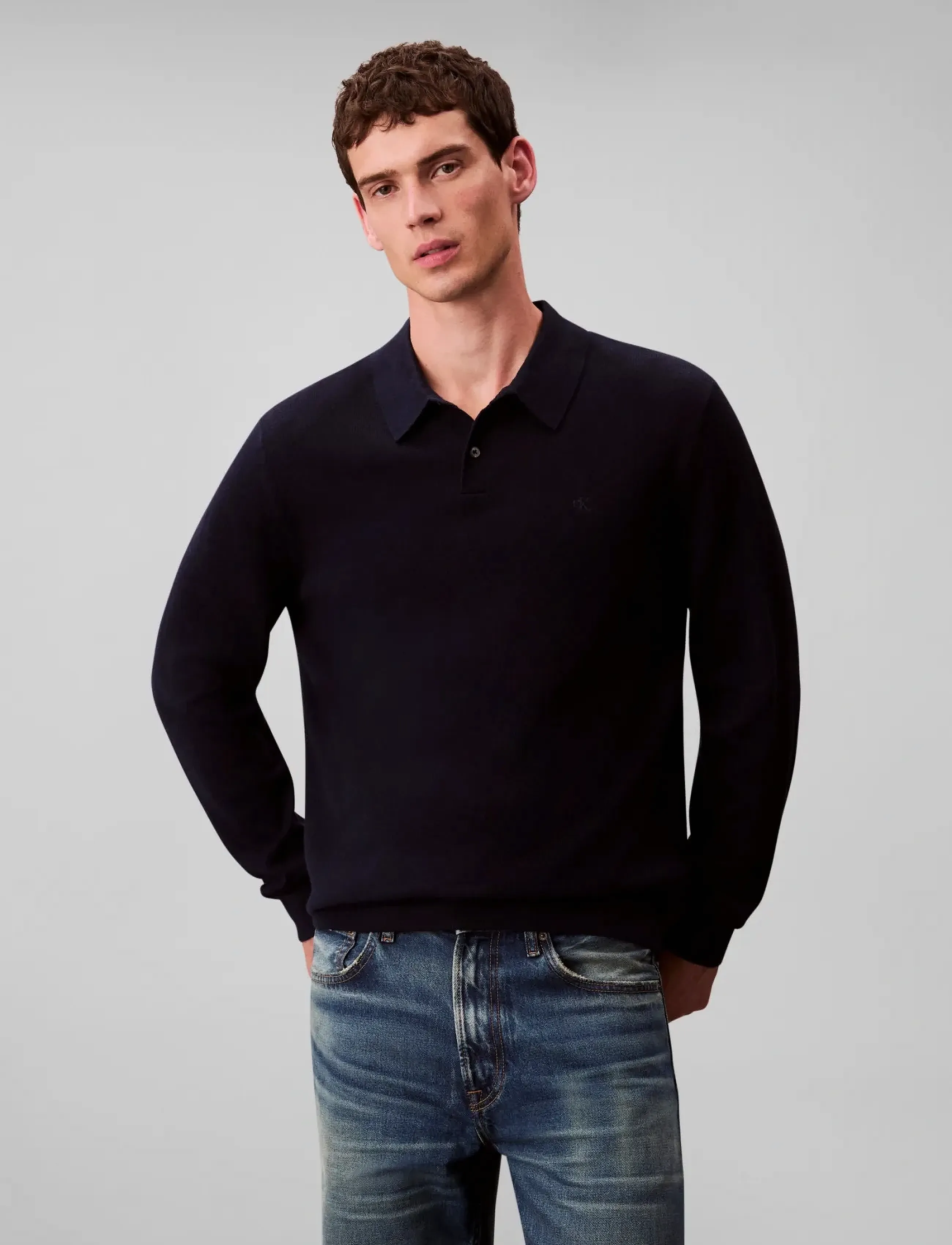 Calvin Klein Ls 100% Merino Polo 14Gg, M, Navy, Poloer > Langærmede, Herre