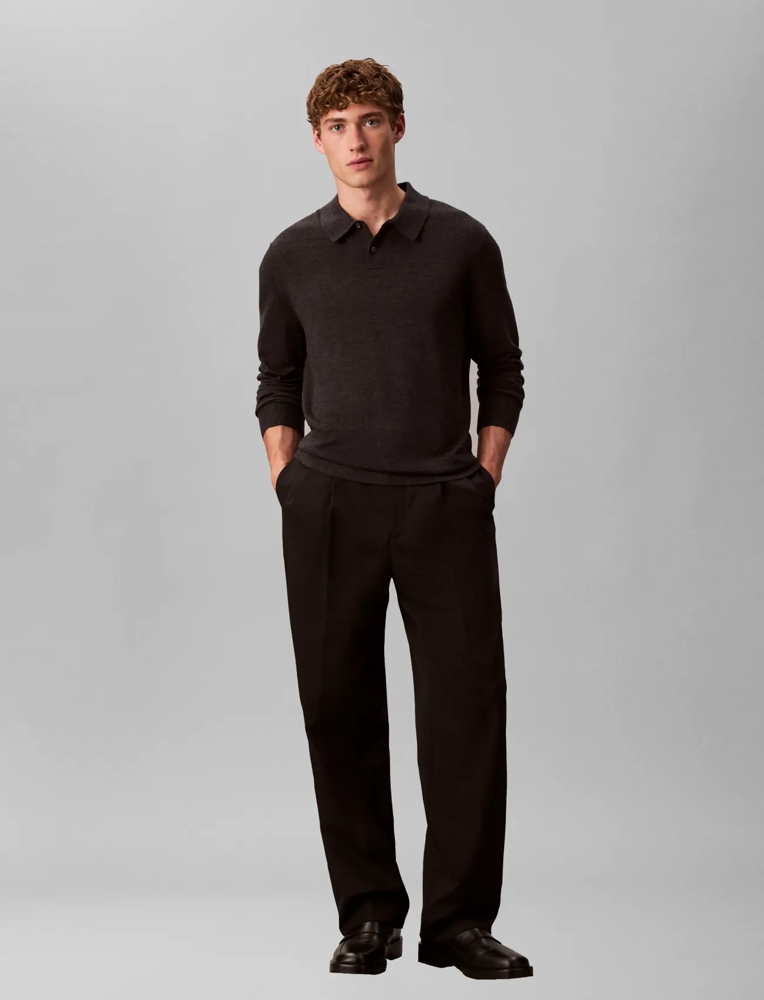 Calvin Klein LS 100% MERINO POLO 14GG - Inspiration - GUNMETAL HTR / grey