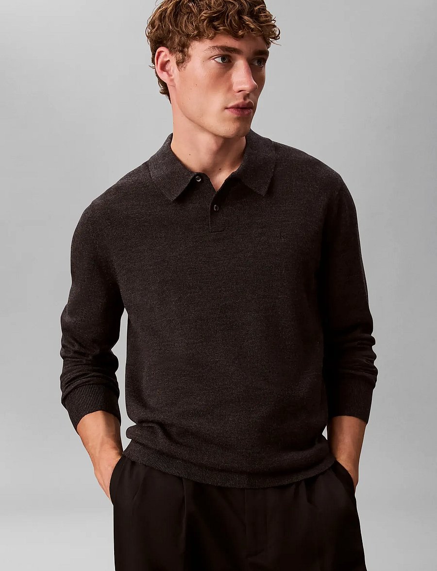 Calvin Klein - LS 100% MERINO POLO 14GG - polos en tricot à manches longues - gunmetal htr - 4