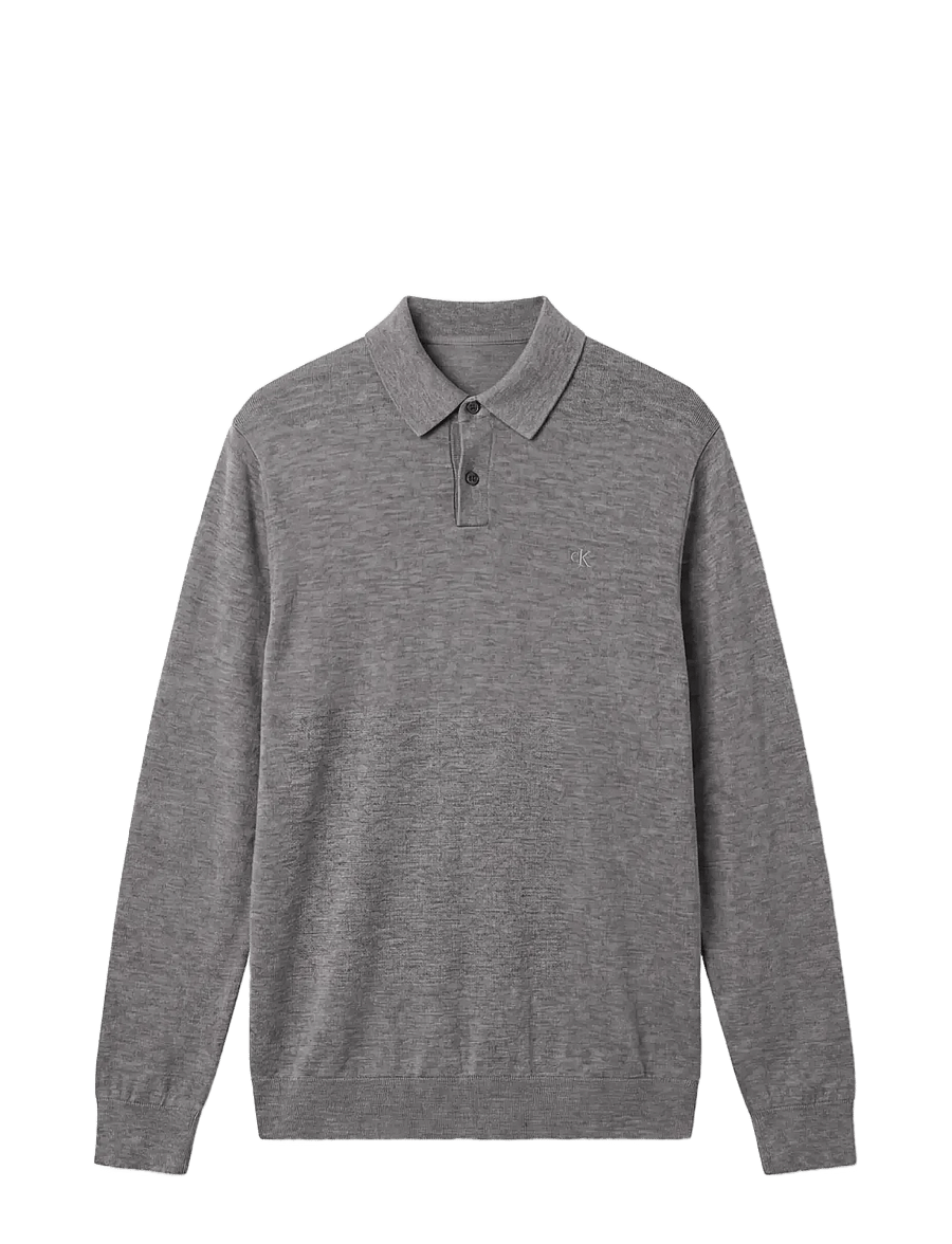 Calvin Klein - LS 100% MERINO POLO 14GG - langärmelige strick-polohemden - medium grey htr - 1
