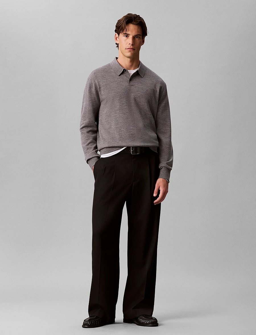 Calvin Klein - LS 100% MERINO POLO 14GG - langärmelige strick-polohemden - medium grey htr - 0