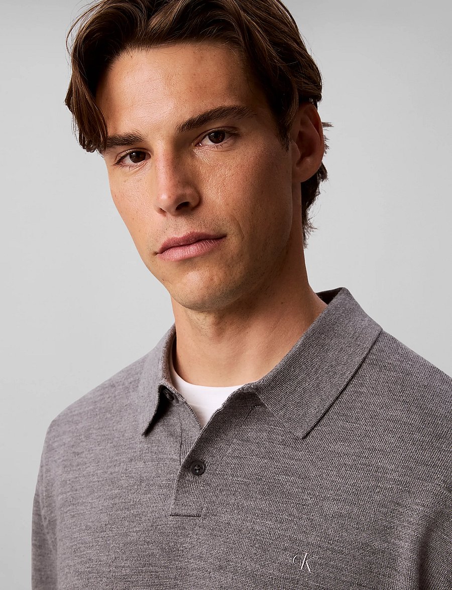 Calvin Klein - LS 100% MERINO POLO 14GG - langärmelige strick-polohemden - medium grey htr - 4